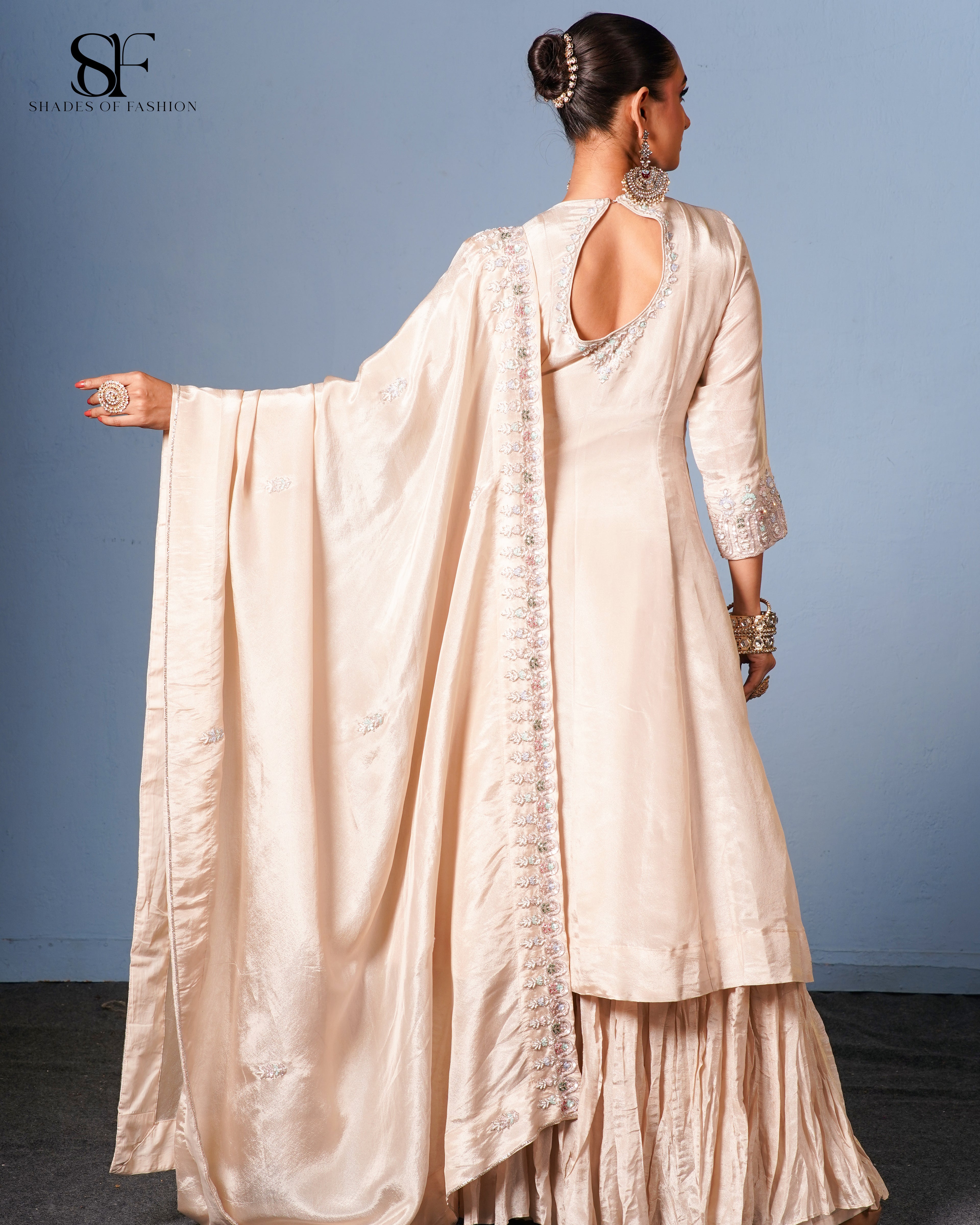 Champagne Dreams Embroidered Gharara Set - Luxury Beige Bridal Ensemble