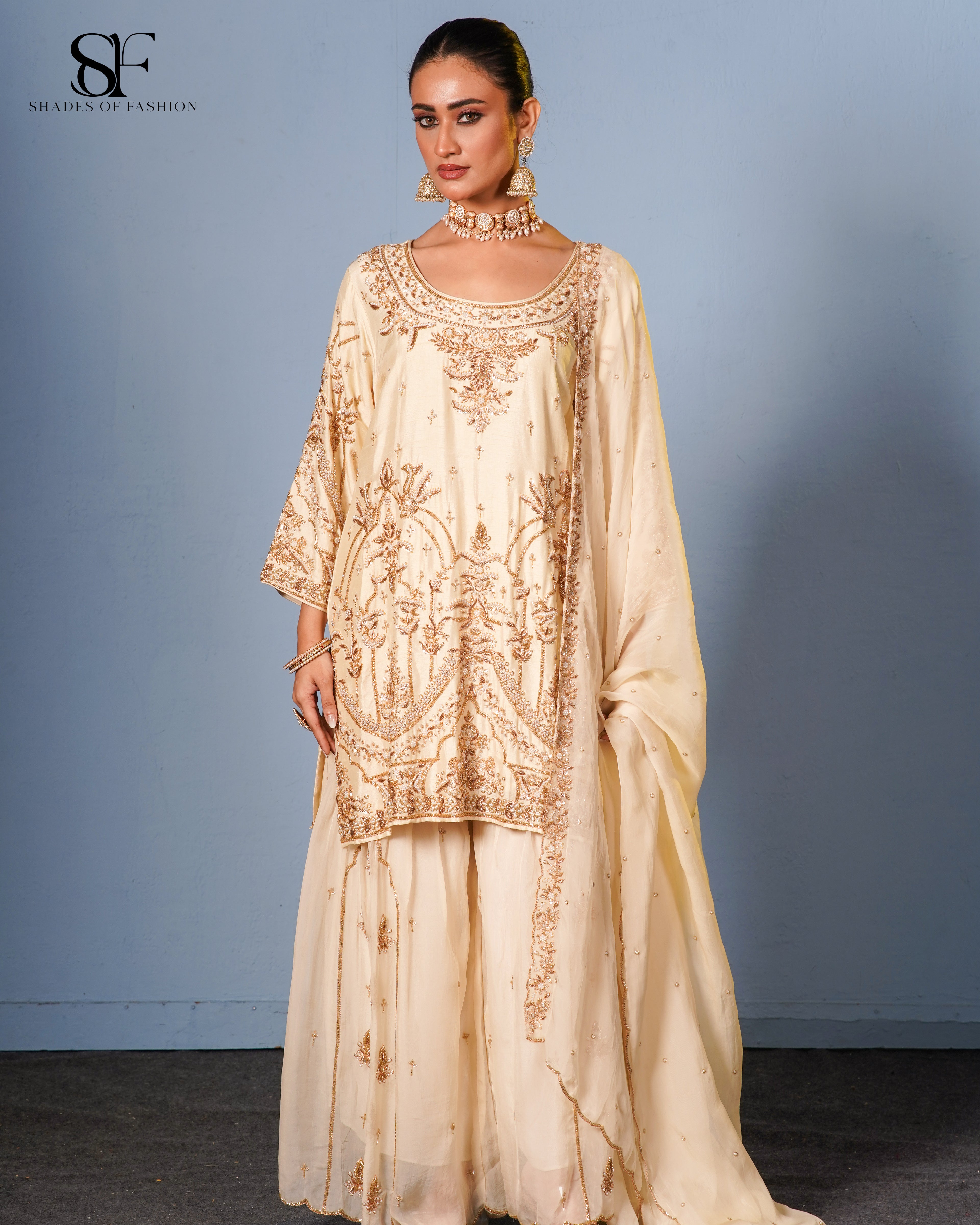 Golden Elegance Embroidered Gharara Set - Luxury Ivory Bridal Ensemble