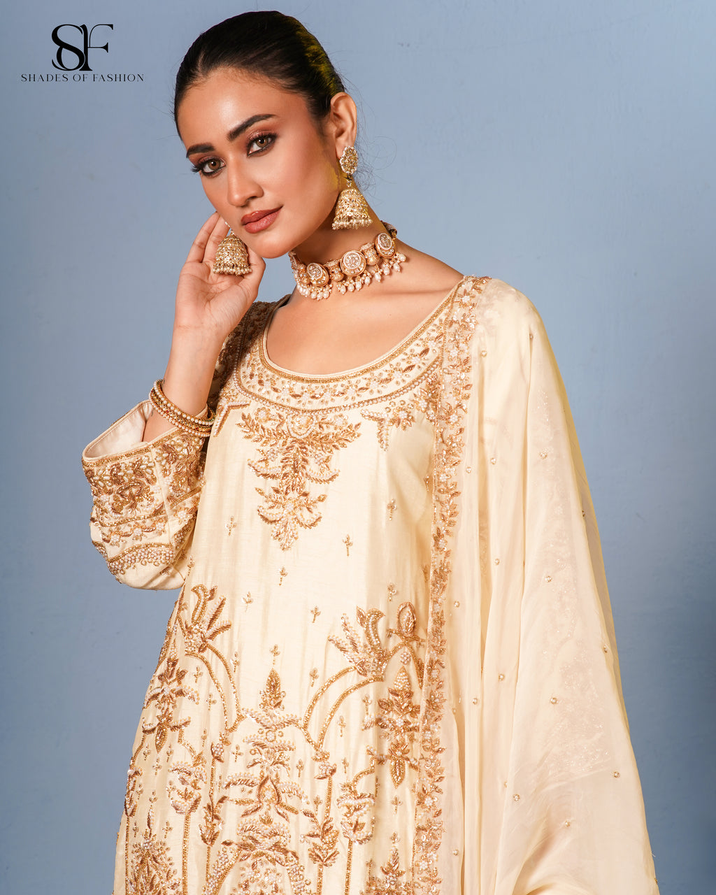 Golden Elegance Embroidered Gharara Set - Luxury Ivory Bridal Ensemble