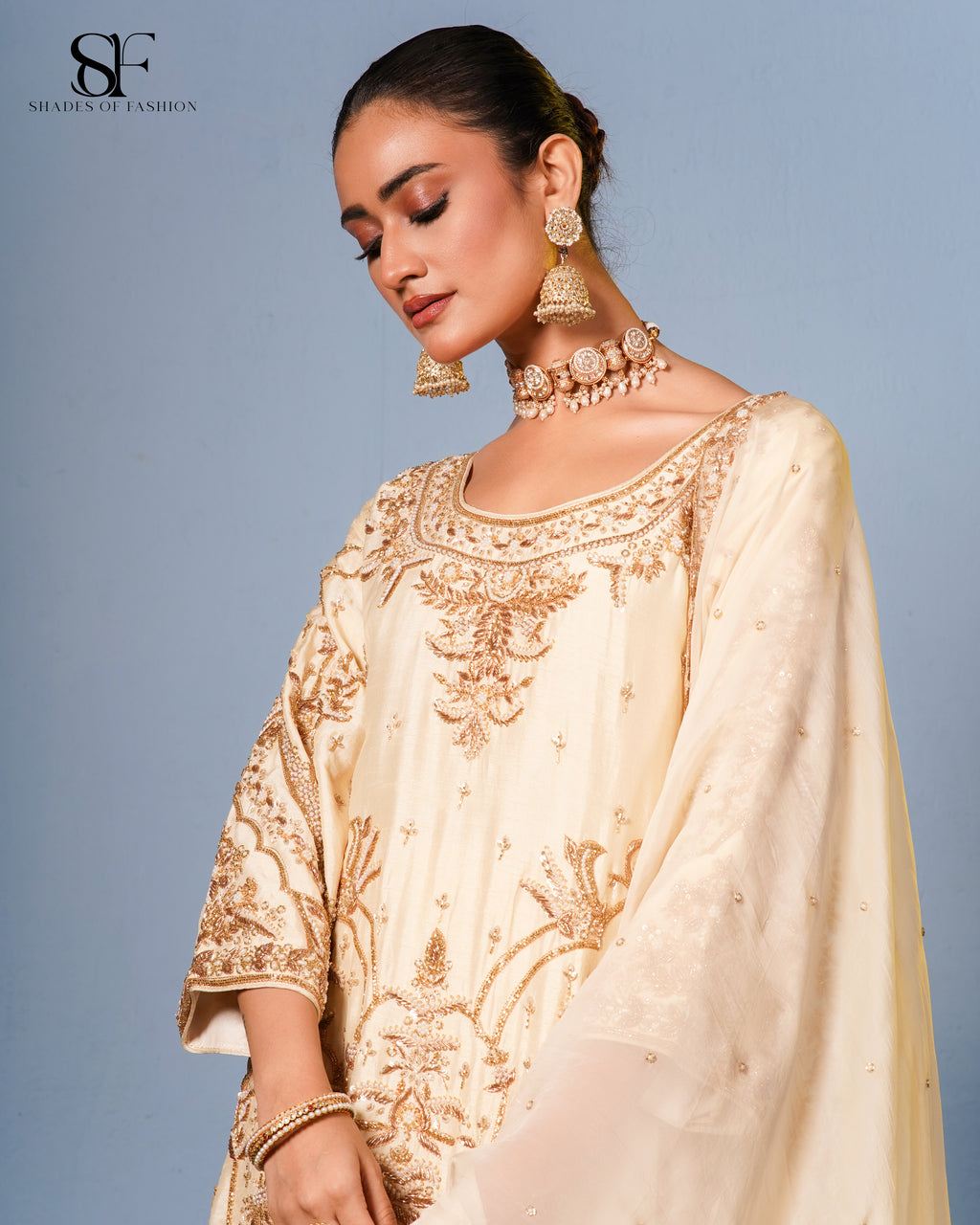 Golden Elegance Embroidered Gharara Set - Luxury Ivory Bridal Ensemble