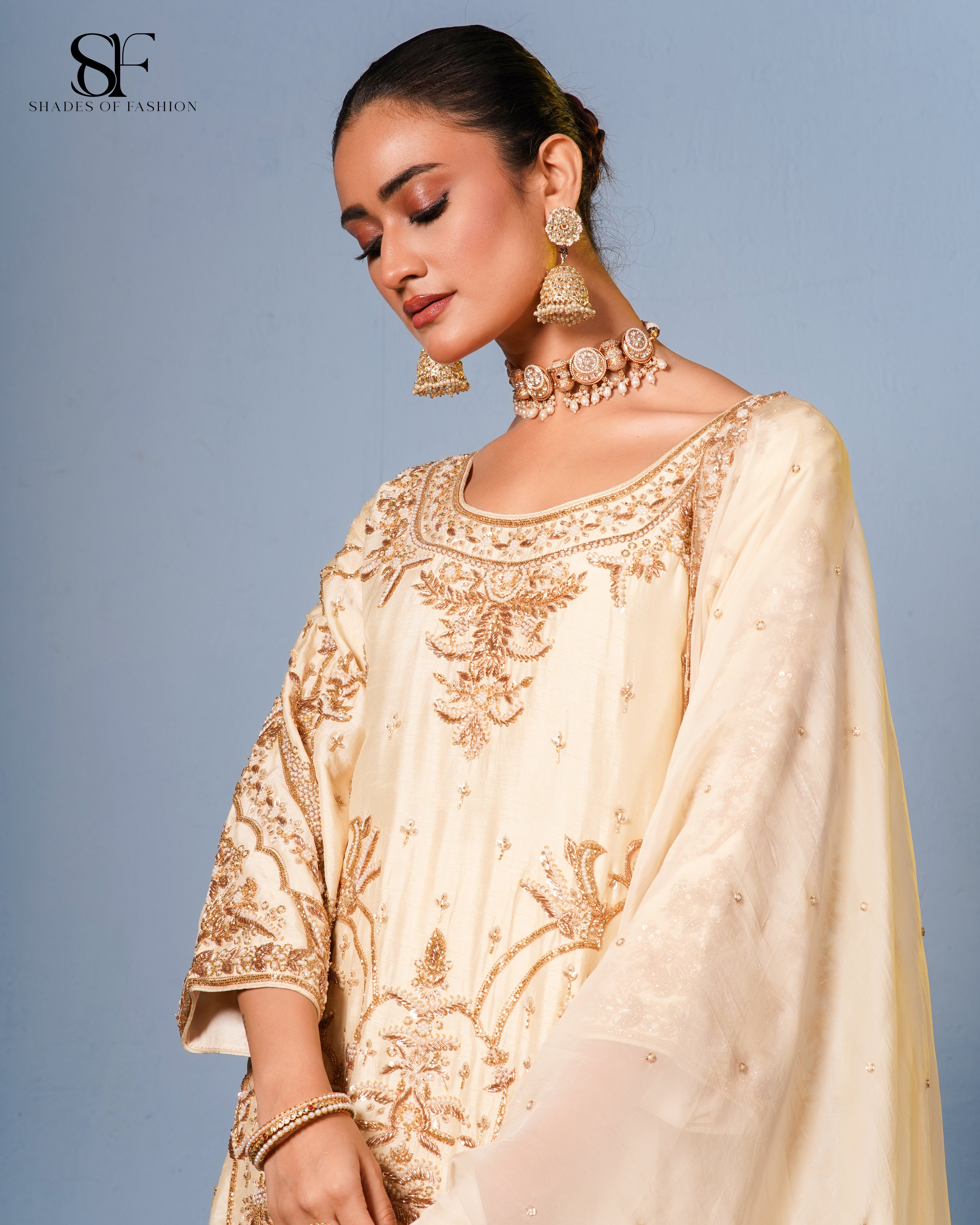 Golden Elegance Embroidered Gharara Set - Luxury Ivory Bridal Ensemble