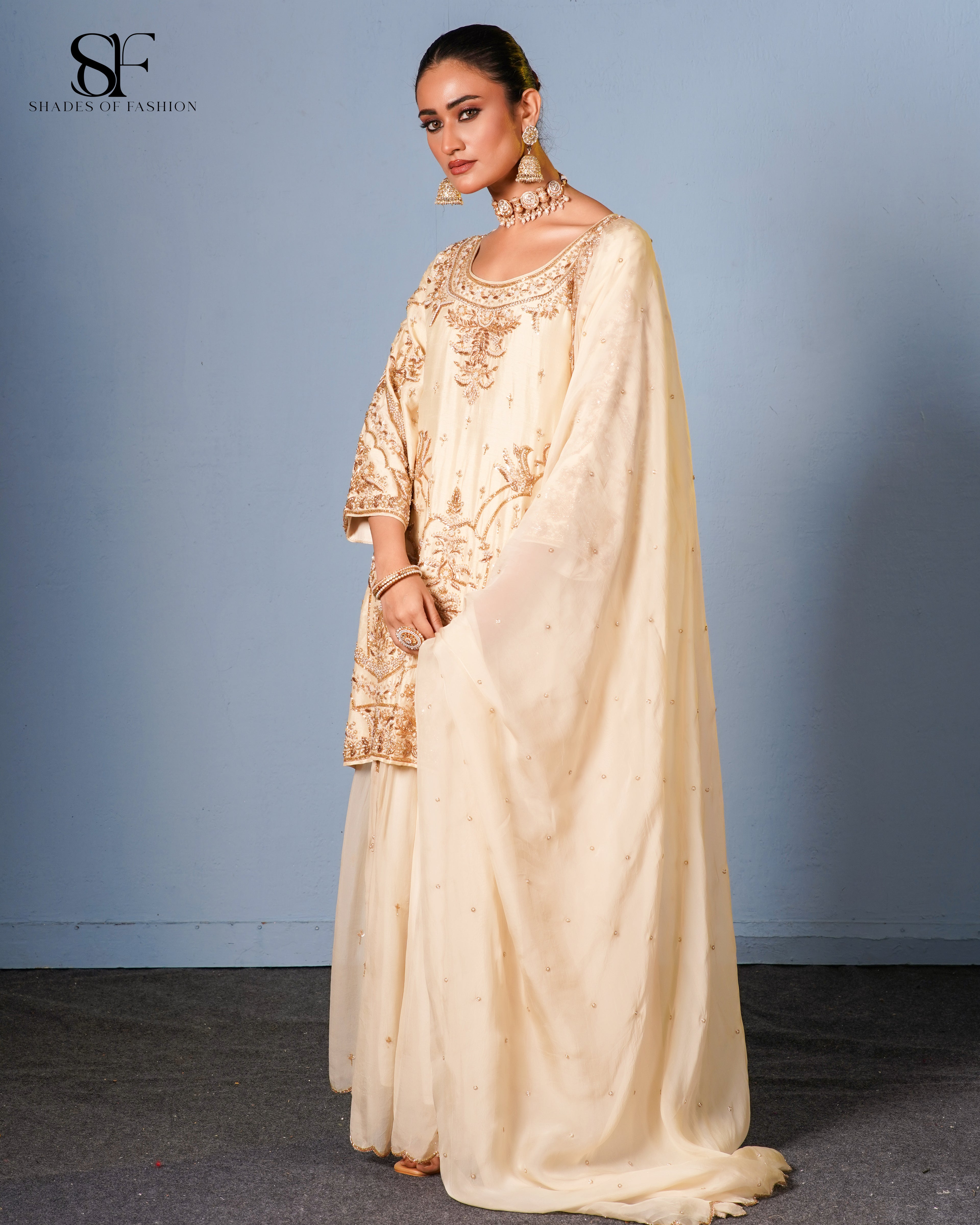 Golden Elegance Embroidered Gharara Set - Luxury Ivory Bridal Ensemble