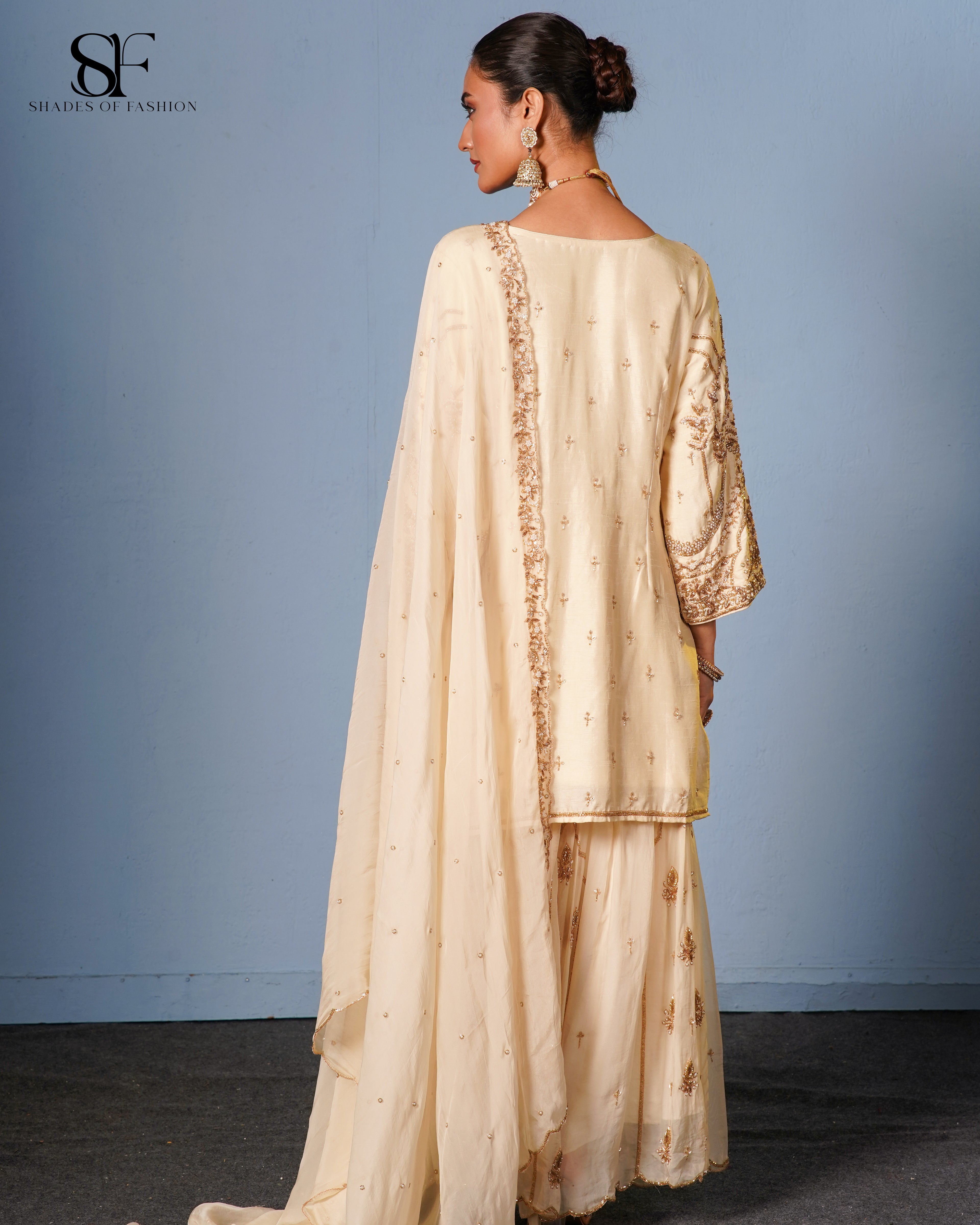 Golden Elegance Embroidered Gharara Set - Luxury Ivory Bridal Ensemble
