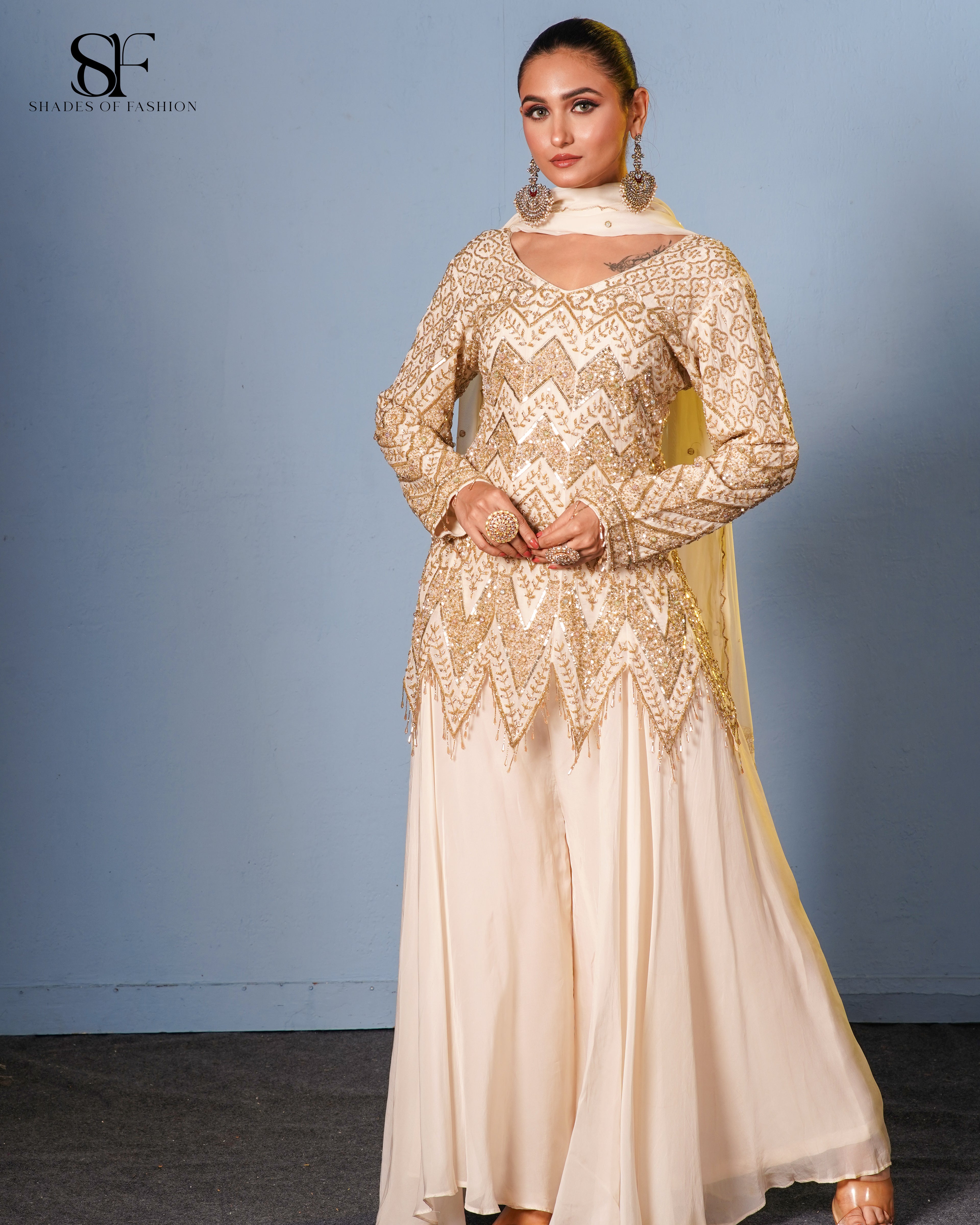 Regal Chevron Embroidered Gharara Set - Luxury Ivory & Gold Bridal Ensemble