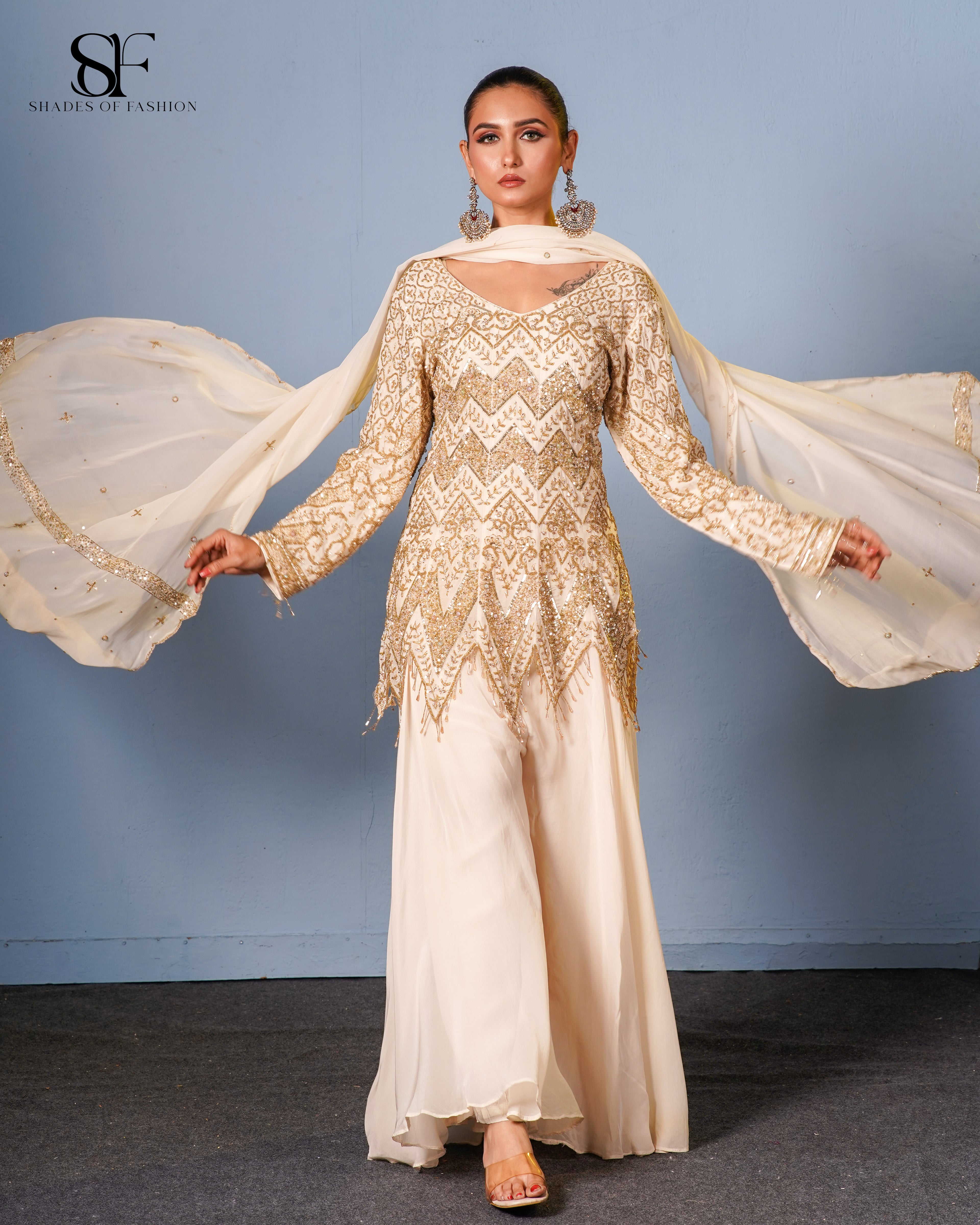 Regal Chevron Embroidered Gharara Set - Luxury Ivory & Gold Bridal Ensemble