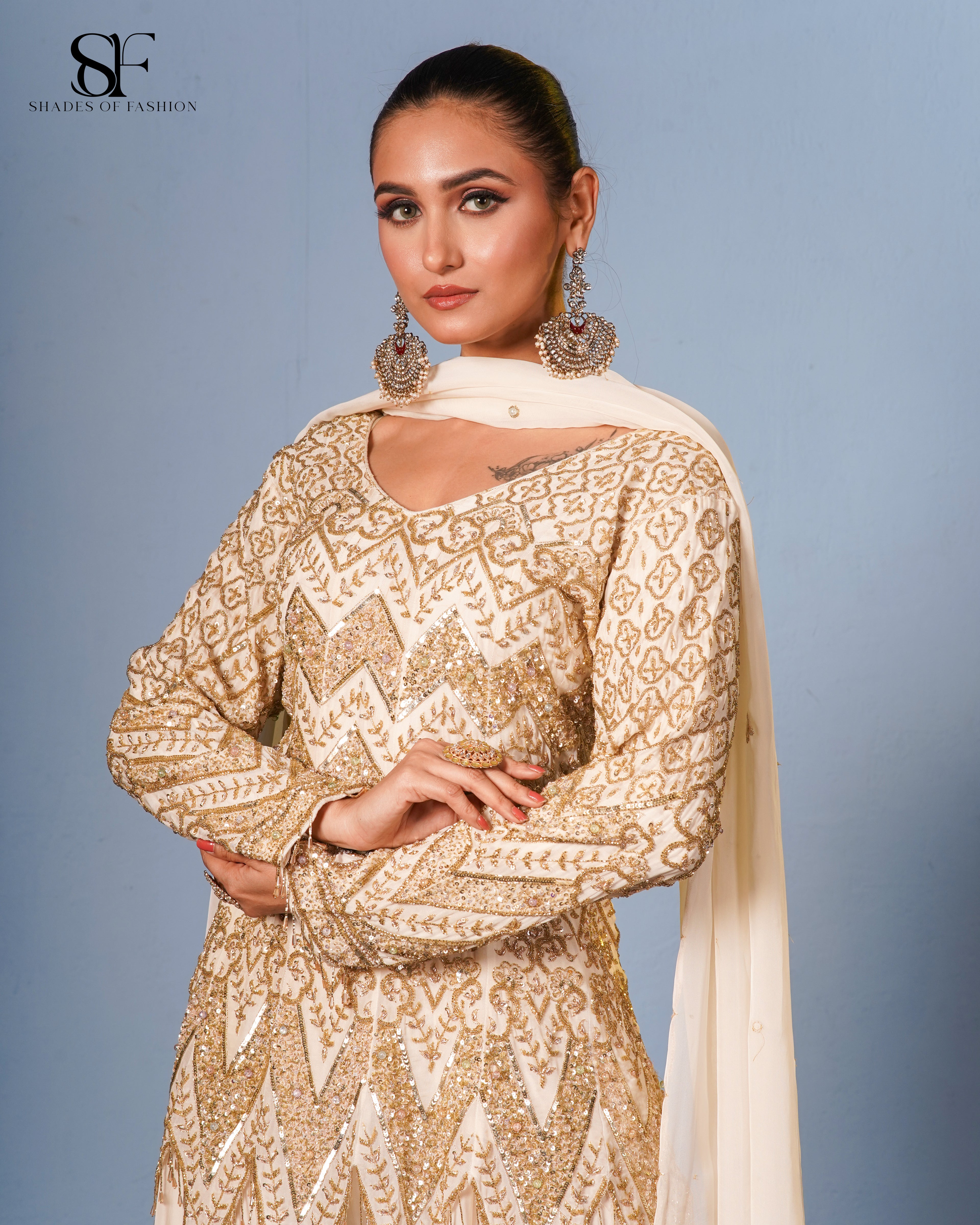 Regal Chevron Embroidered Gharara Set - Luxury Ivory & Gold Bridal Ensemble