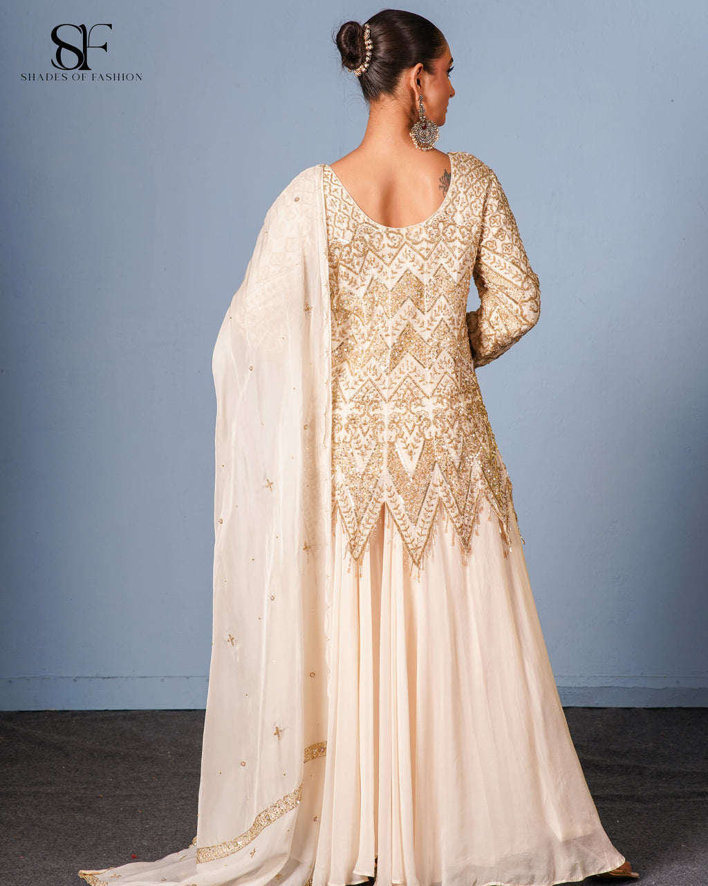 Regal Chevron Embroidered Sharara Set - Luxury Ivory & Gold Bridal Ensemble