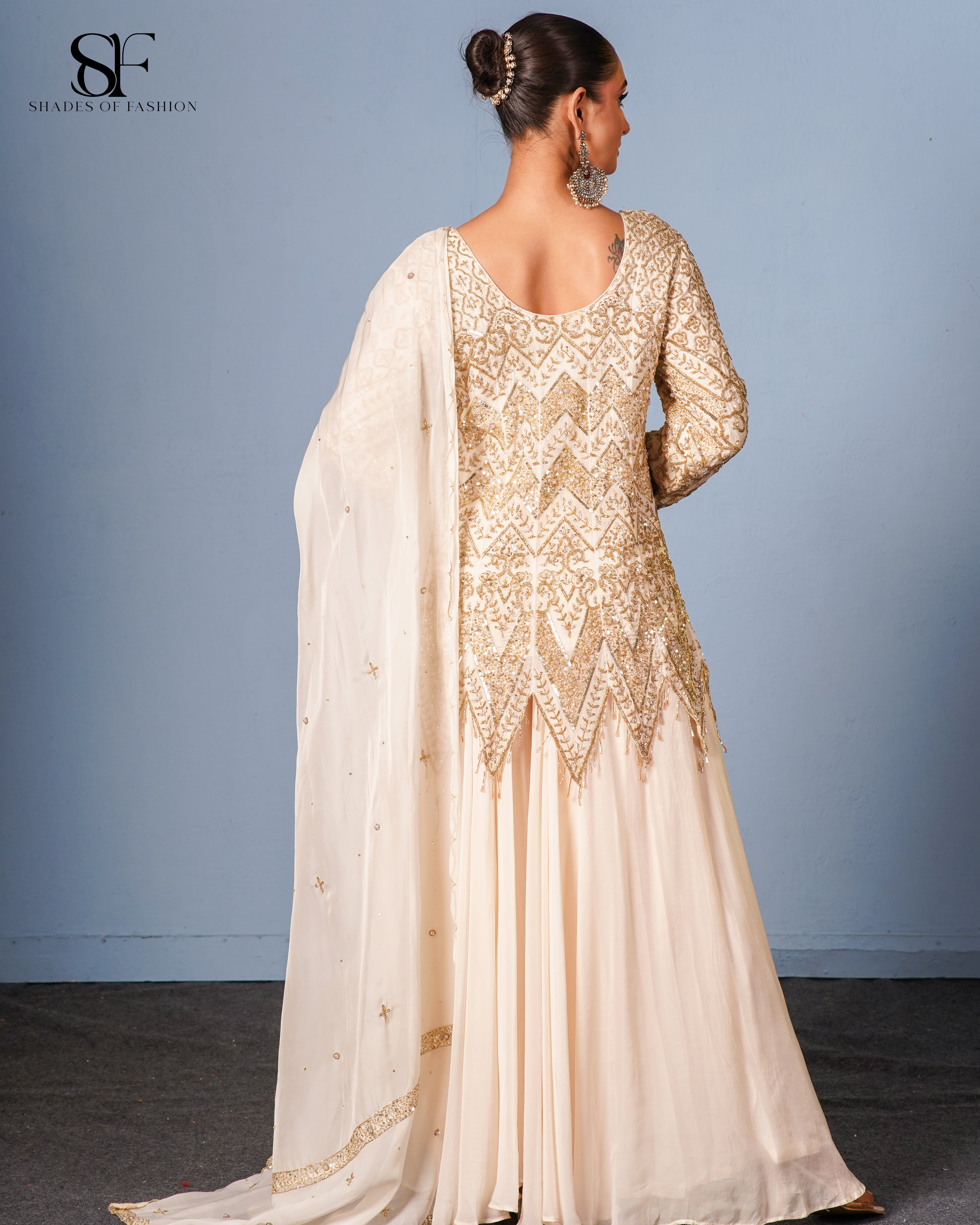 Regal Chevron Embroidered Gharara Set - Luxury Ivory & Gold Bridal Ensemble