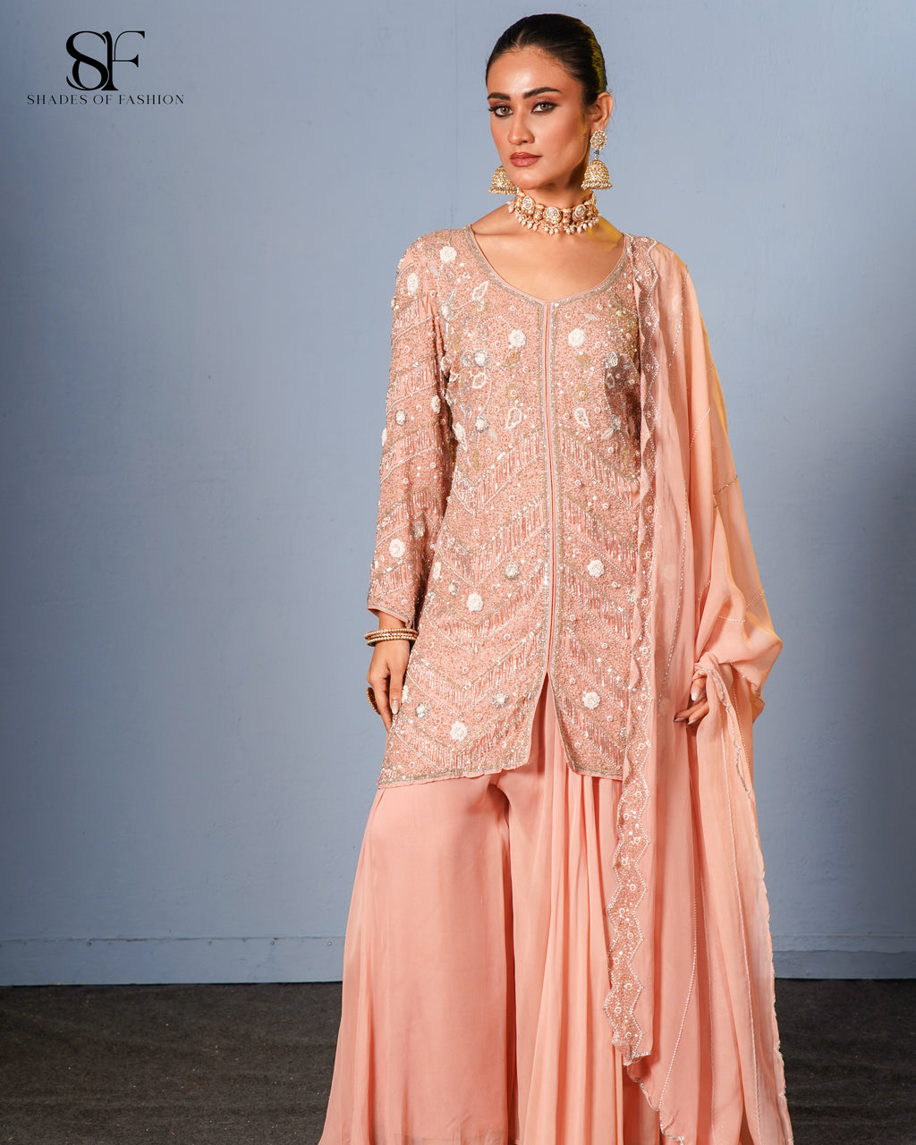 Peach Blossom Embroidered Sharara Set - Luxury Festive Ensemble