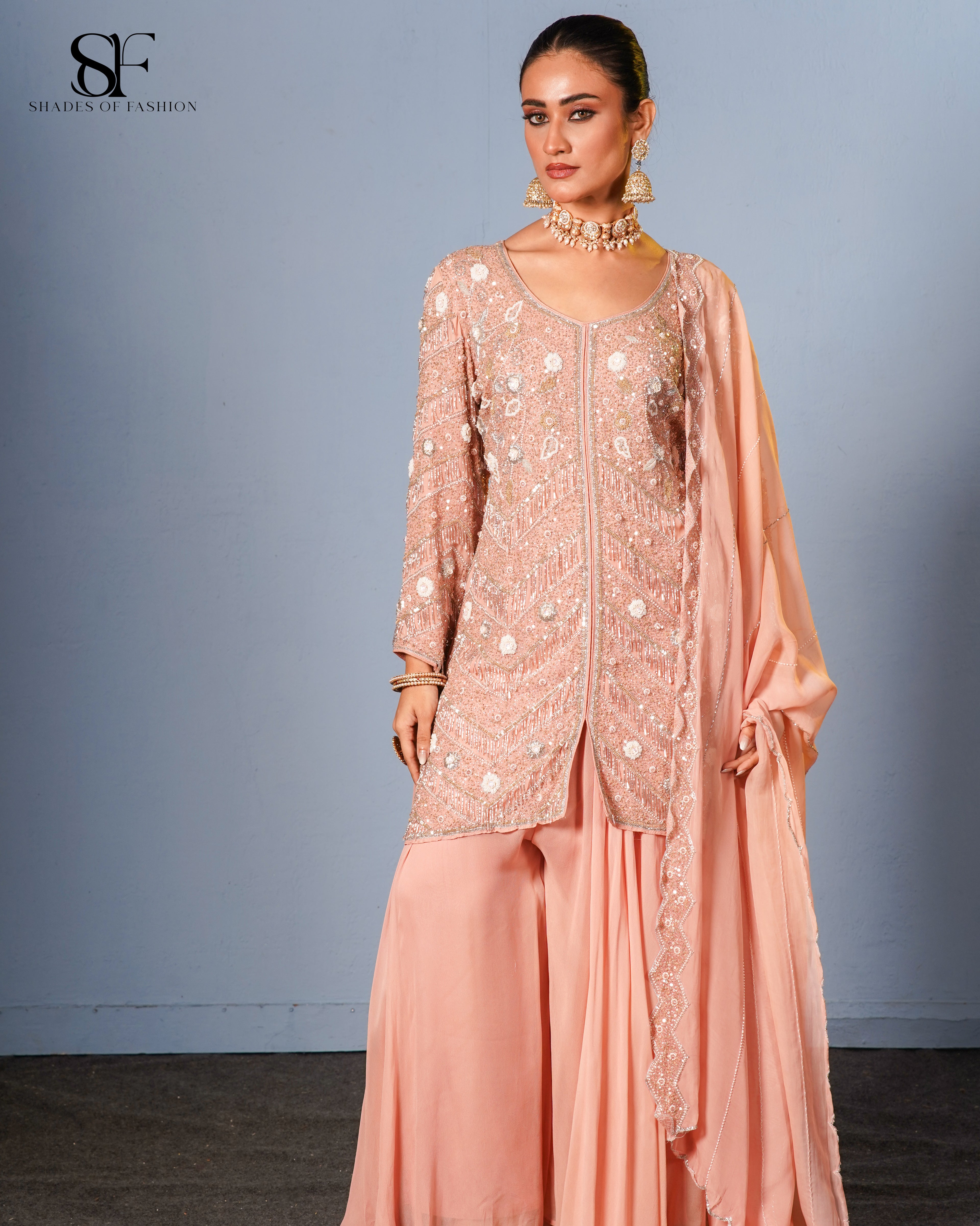 Peach Blossom Embroidered Sharara Set - Luxury Festive Ensemble