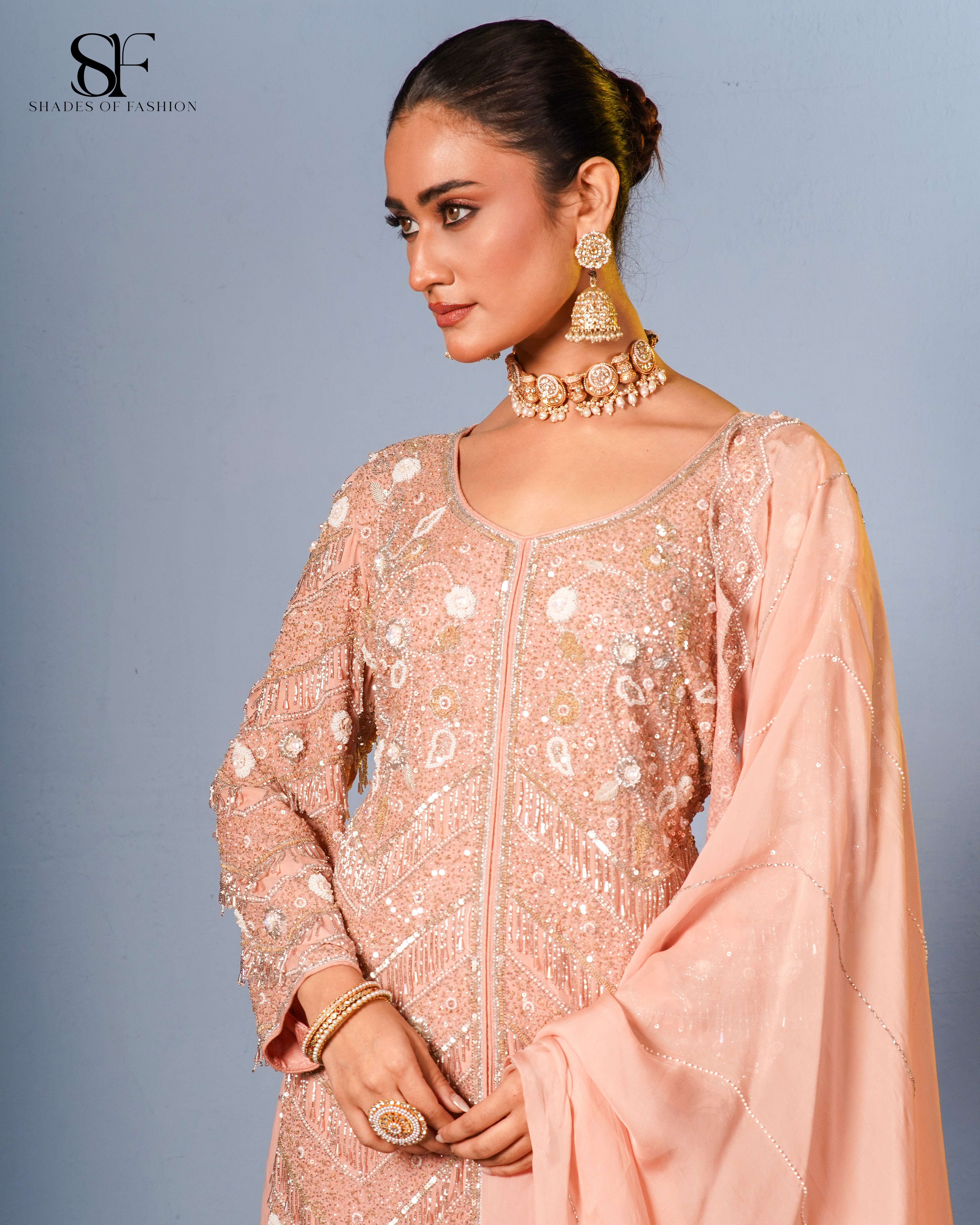 Peach Blossom Embroidered Sharara Set - Luxury Festive Ensemble