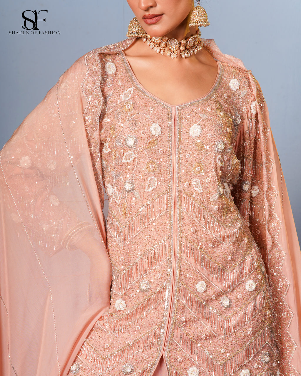 Peach Blossom Embroidered Sharara Set - Luxury Festive Ensemble