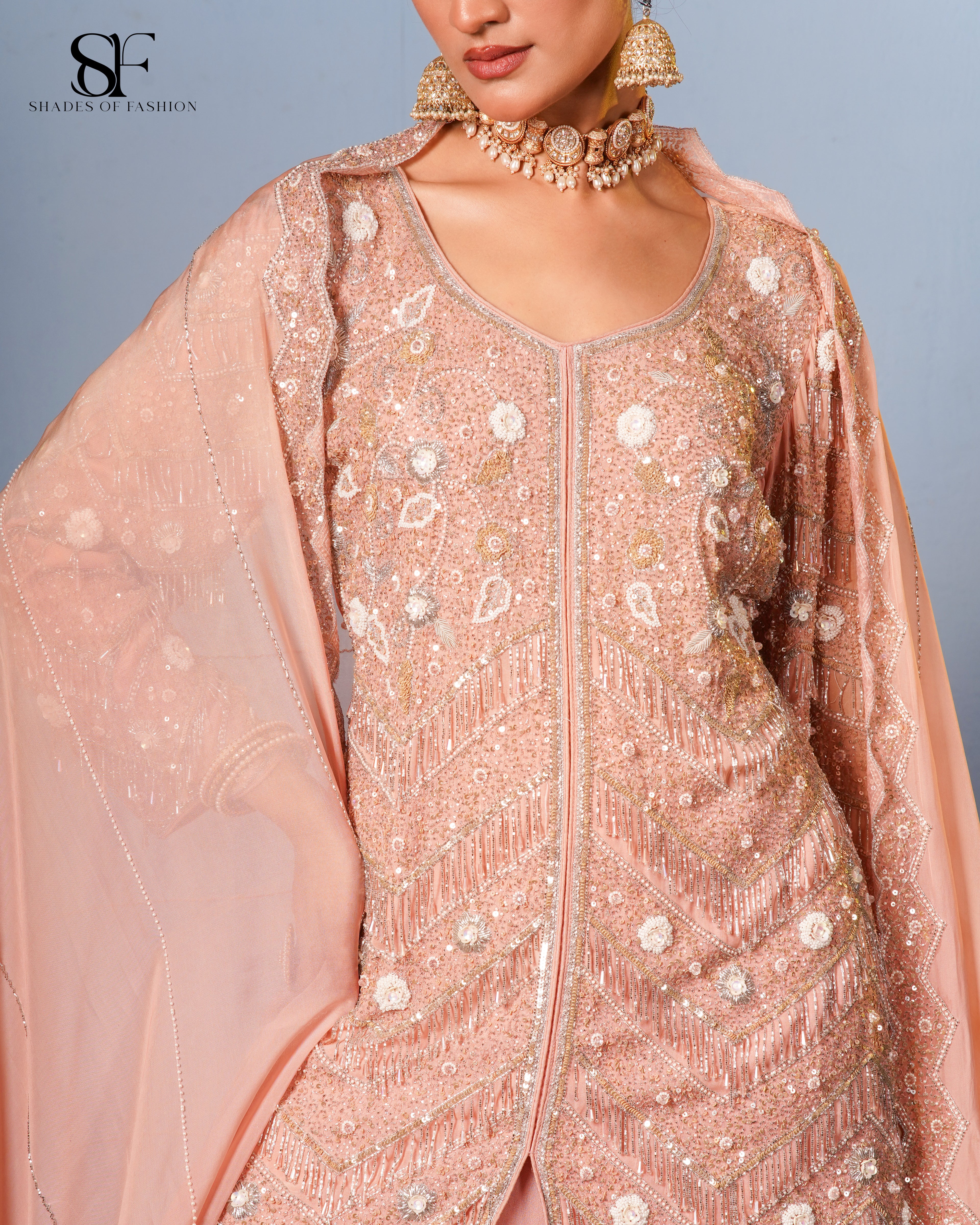 Peach Blossom Embroidered Sharara Set - Luxury Festive Ensemble