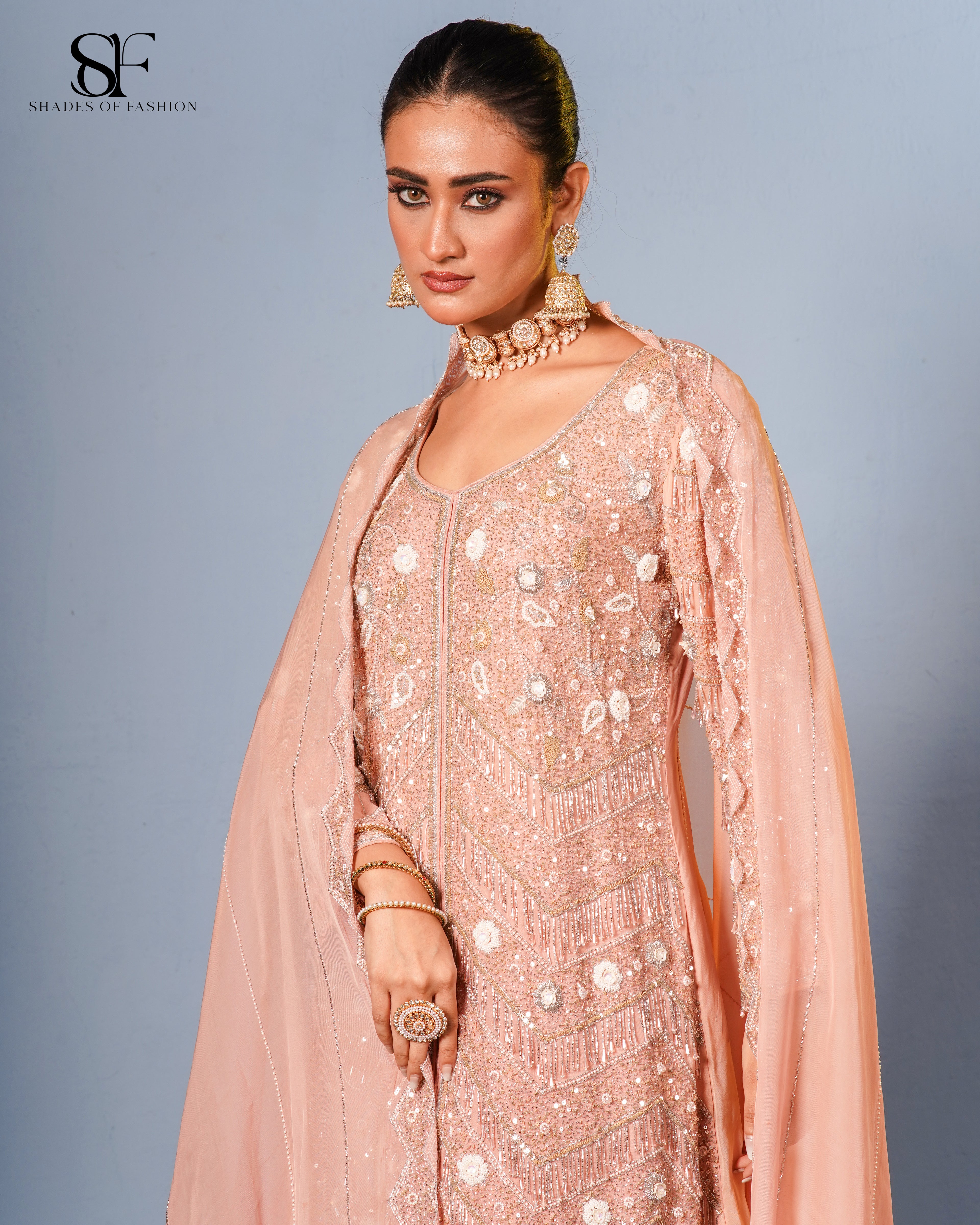 Peach Blossom Embroidered Sharara Set - Luxury Festive Ensemble