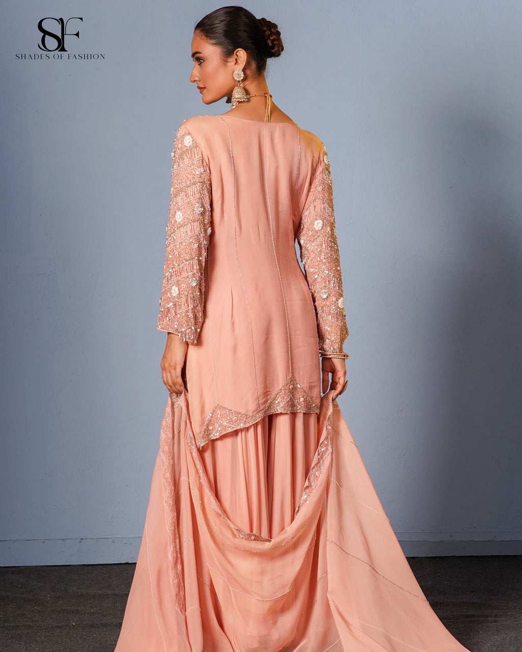 Peach Blossom Embroidered Sharara Set - Luxury Festive Ensemble