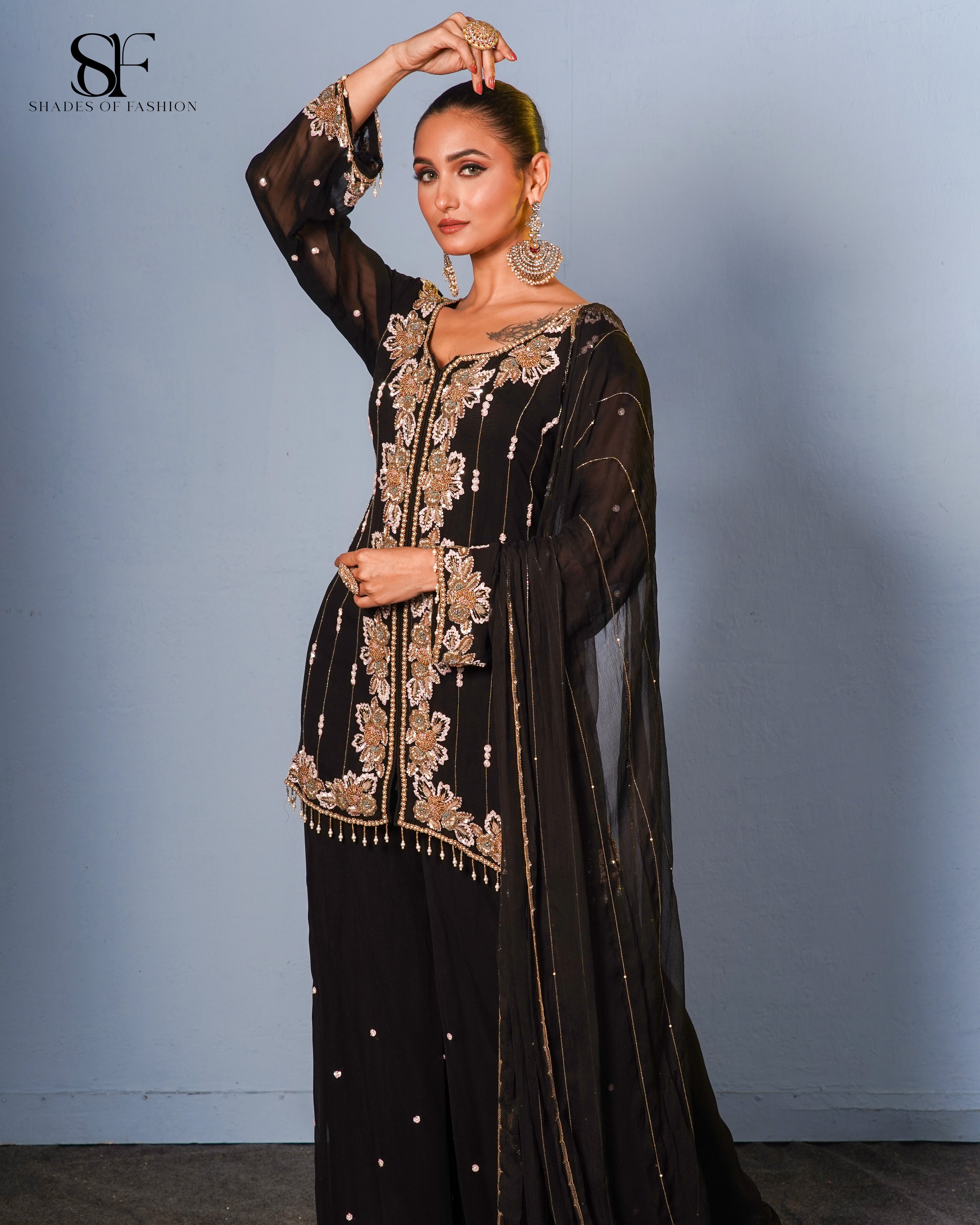 Noir Royale Embroidered Palazzo Suit - Luxury Black & Gold Ensemble