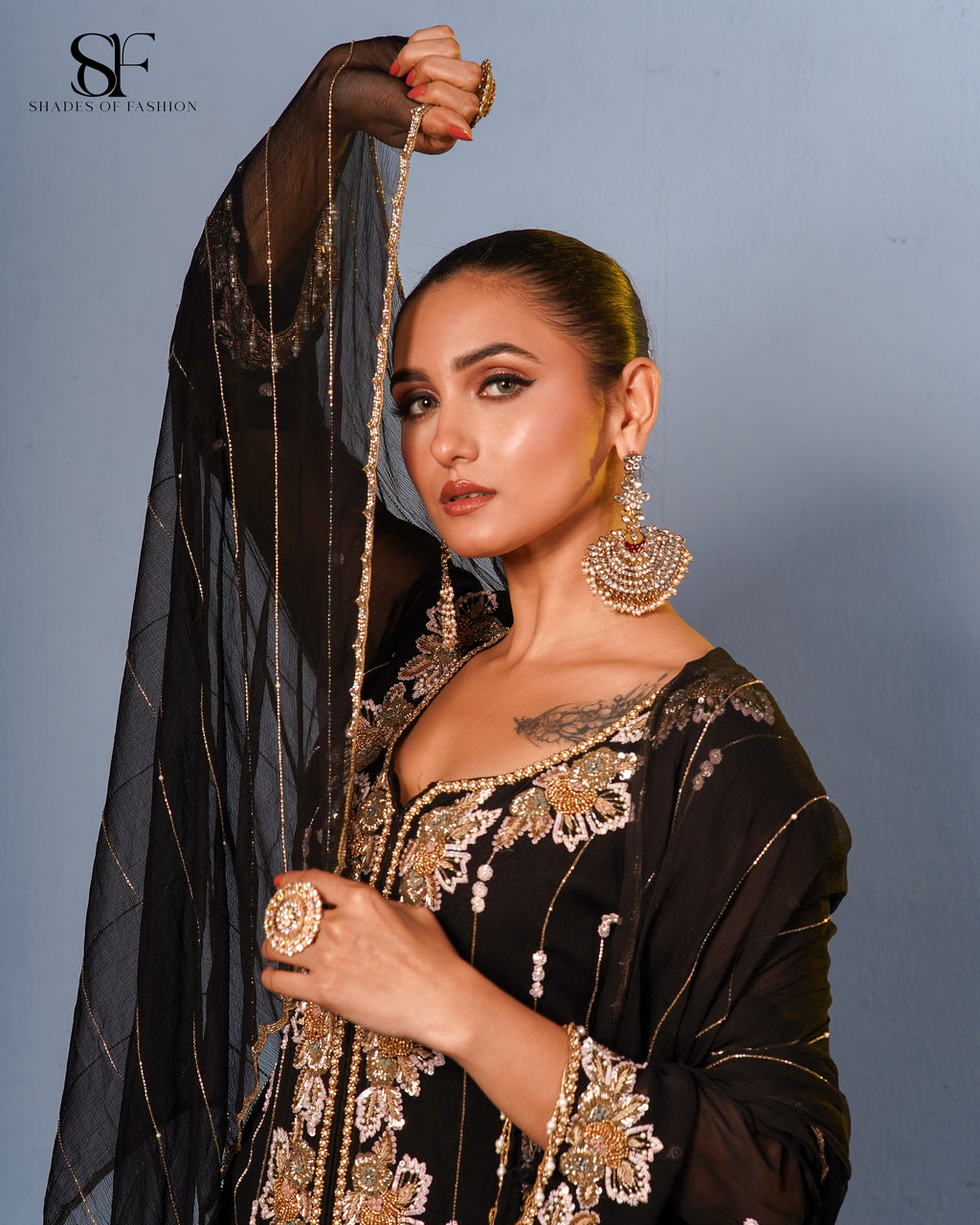 Noir Royale Embroidered Palazzo Suit - Luxury Black & Gold Ensemble