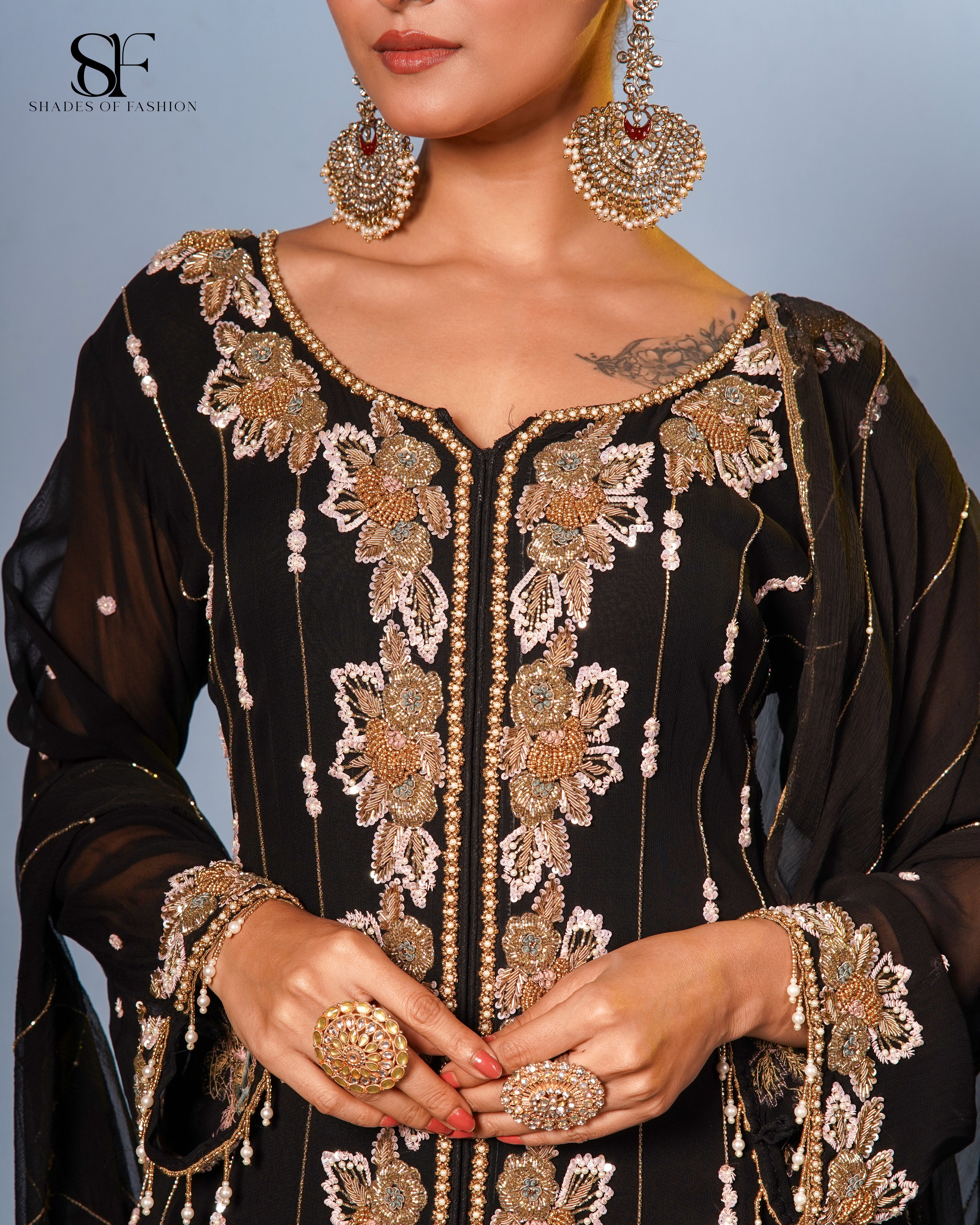 Noir Royale Embroidered Palazzo Suit - Luxury Black & Gold Ensemble