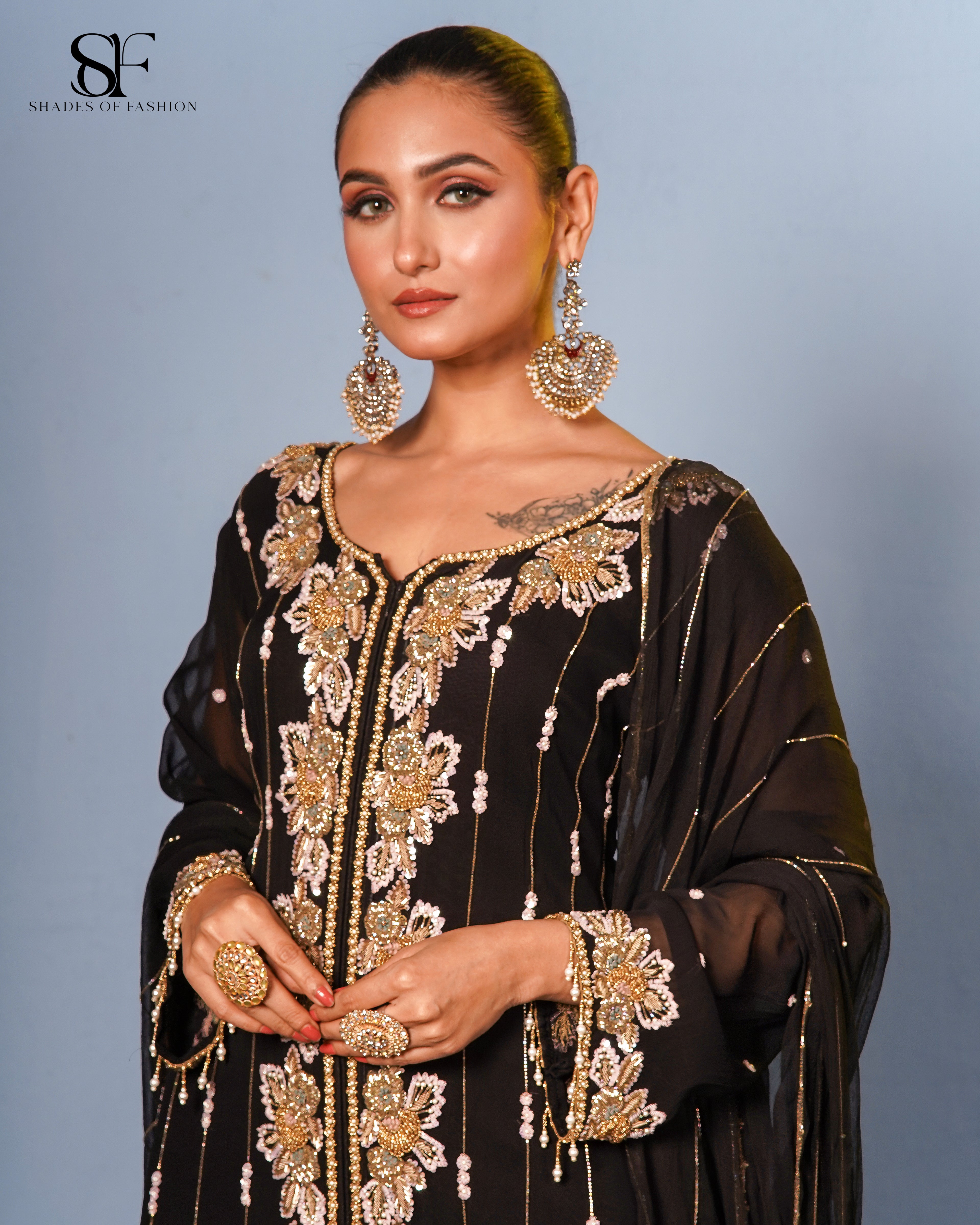 Noir Royale Embroidered Palazzo Suit - Luxury Black & Gold Ensemble