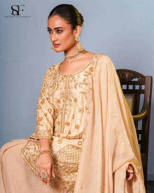 Champagne Dreams Embroidered Sharara Set - Luxury Beige Bridal Ensemble