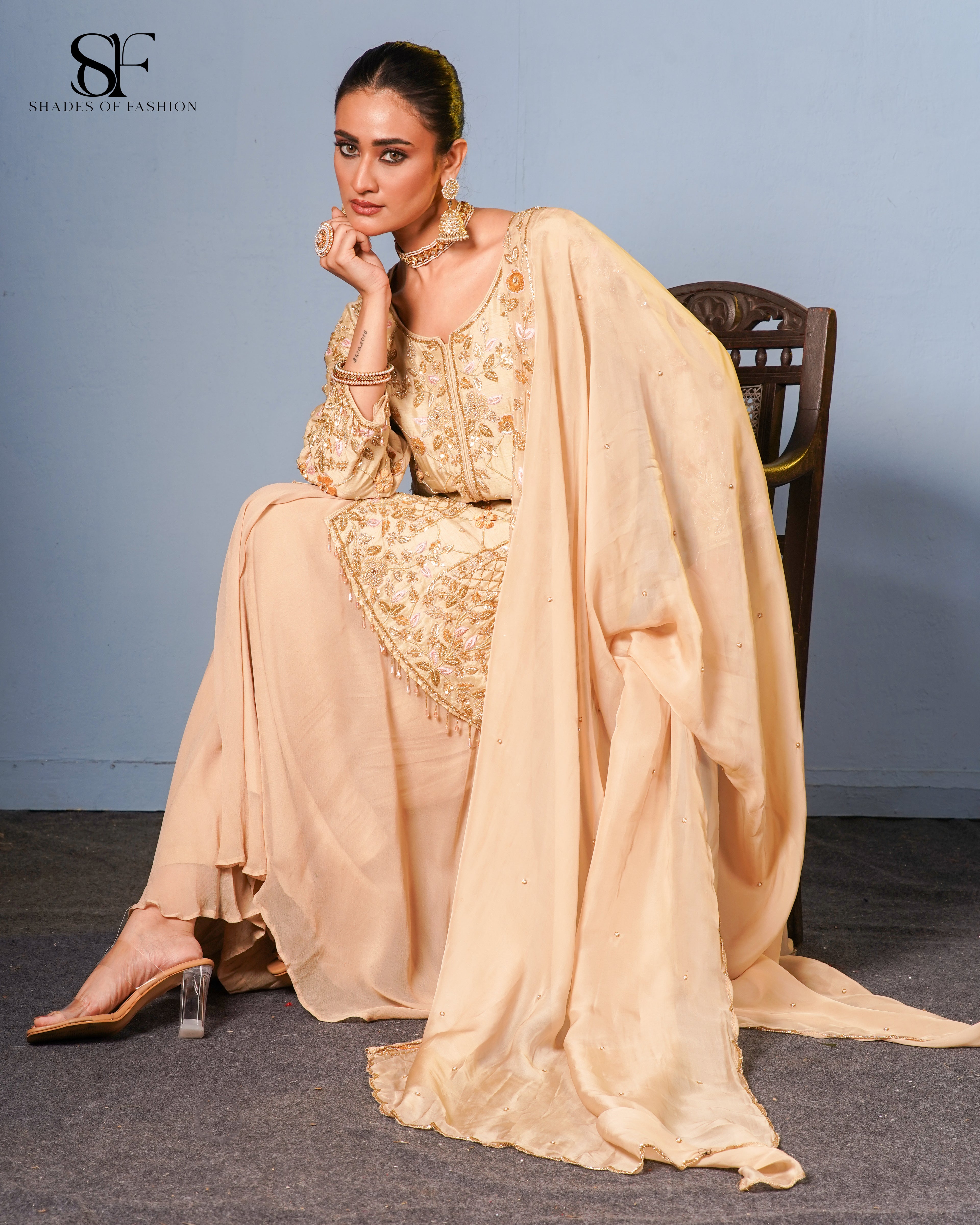 Golden Opulence Embroidered Gharara Set - Luxury Champagne Bridal Ensemble