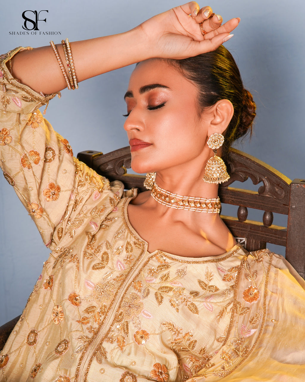 Golden Opulence Embroidered Gharara Set - Luxury Champagne Bridal Ensemble