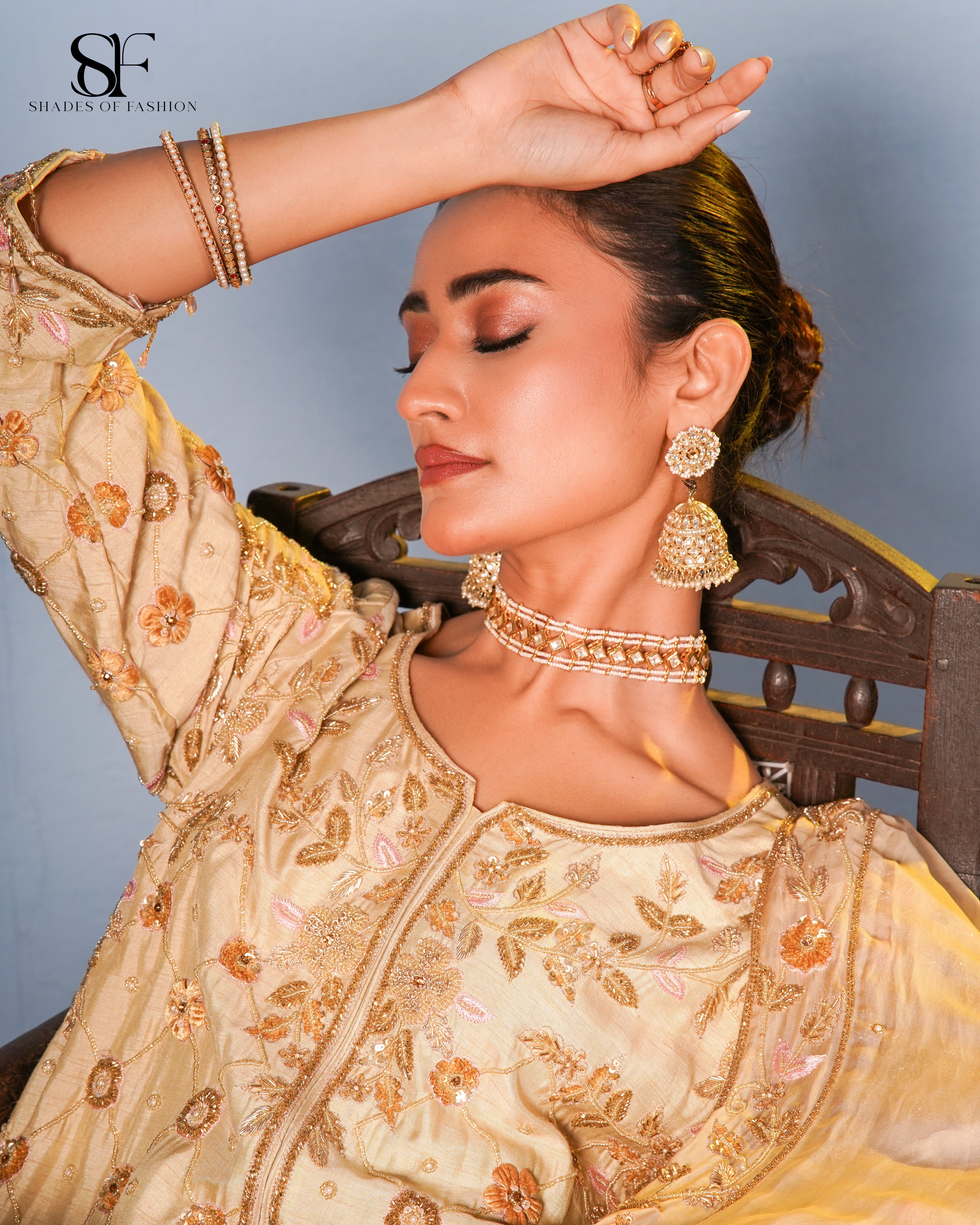 Golden Opulence Embroidered Gharara Set - Luxury Champagne Bridal Ensemble