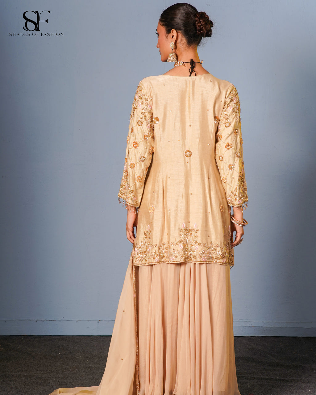 Golden Opulence Embroidered Gharara Set - Luxury Champagne Bridal Ensemble