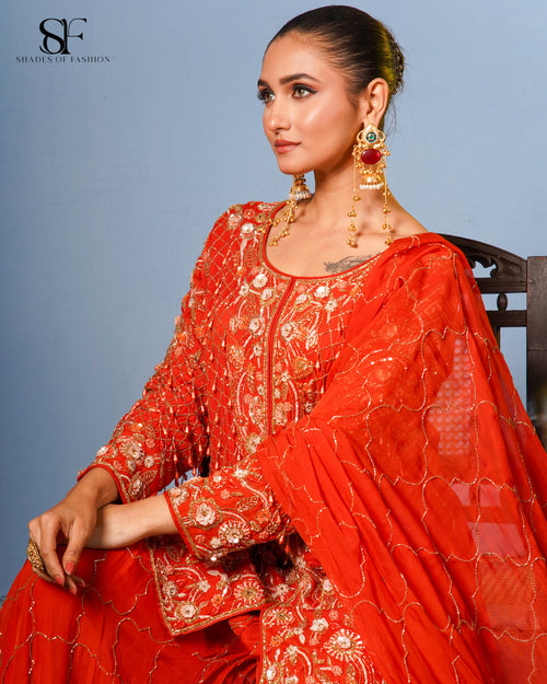 Coral Radiance Embroidered Gharara Set - Luxury Red Bridal Ensemble