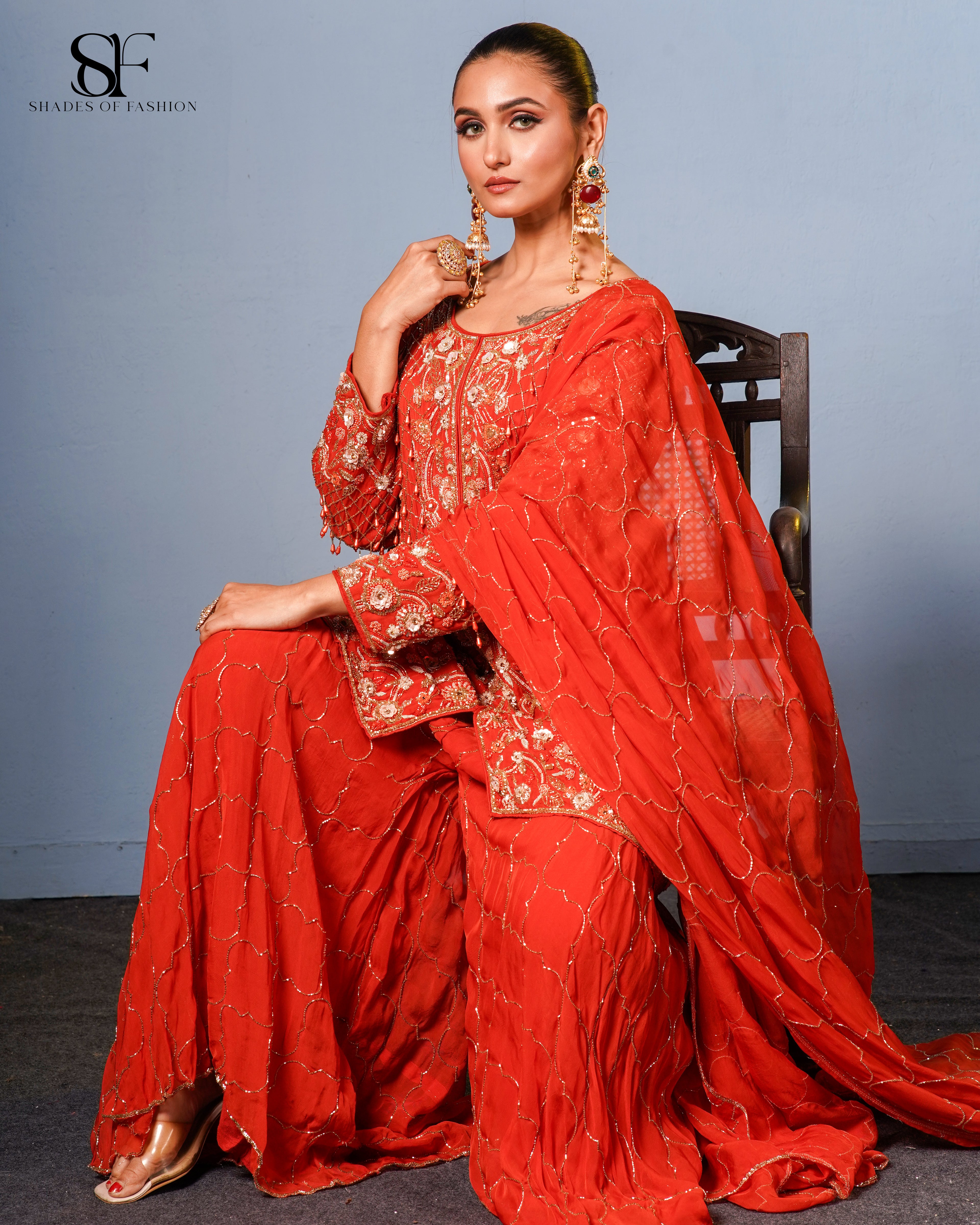 Coral Radiance Embroidered Gharara Set - Luxury Red Bridal Ensemble
