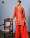 Coral Radiance Embroidered Gharara Set - Luxury Red Bridal Ensemble