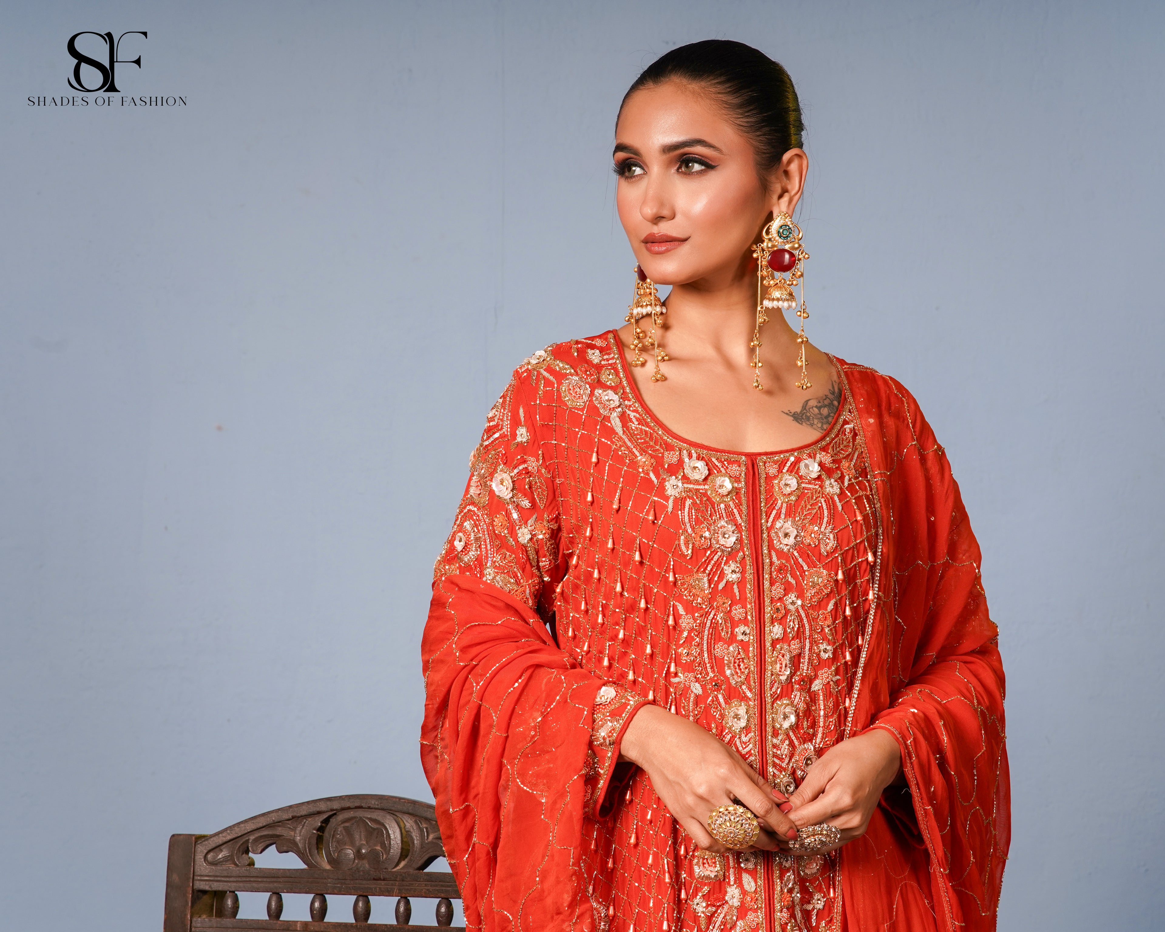 Coral Radiance Embroidered Gharara Set - Luxury Red Bridal Ensemble