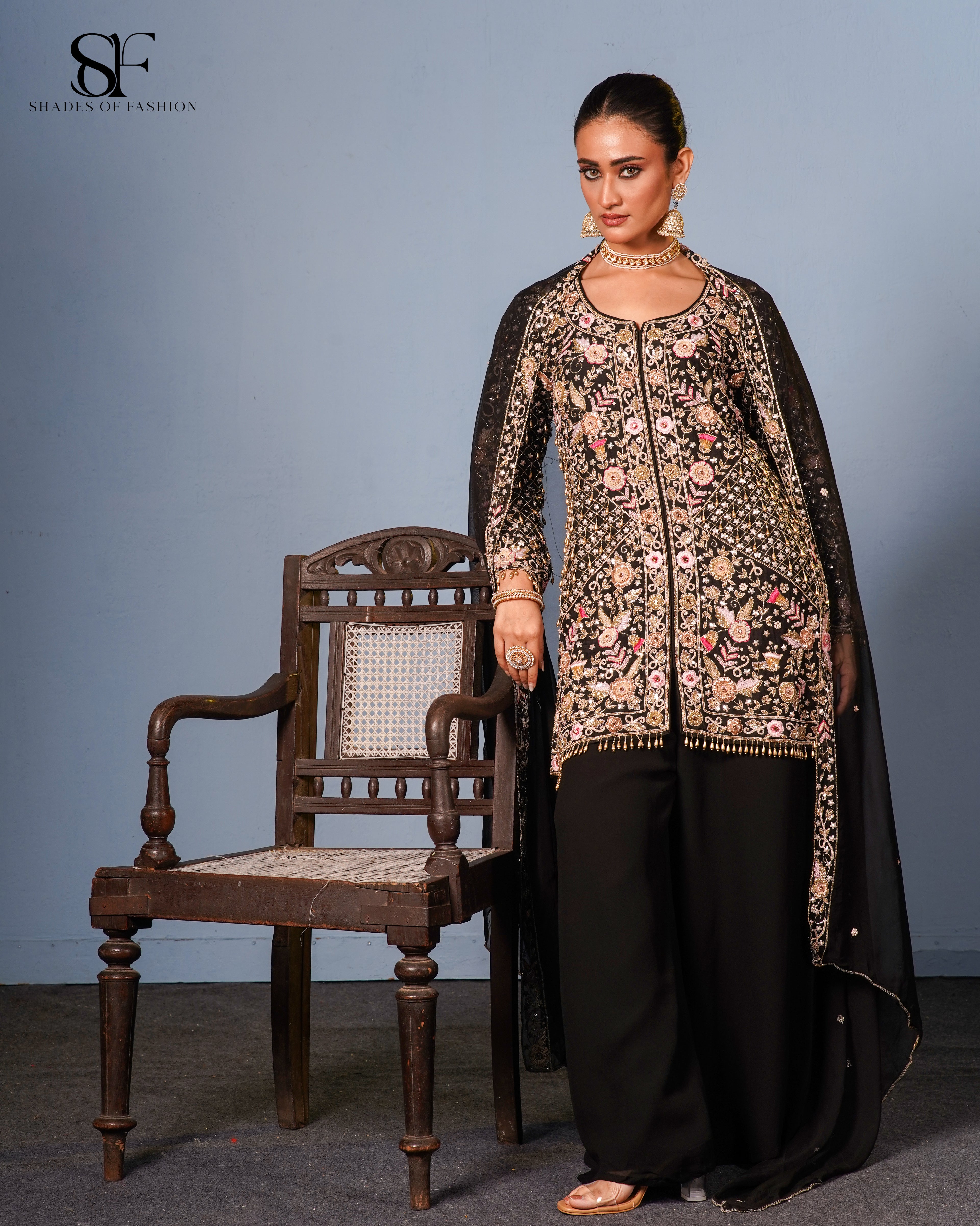 Midnight Garden Embroidered Palazzo Suit - Luxury Black & Gold Ensemble