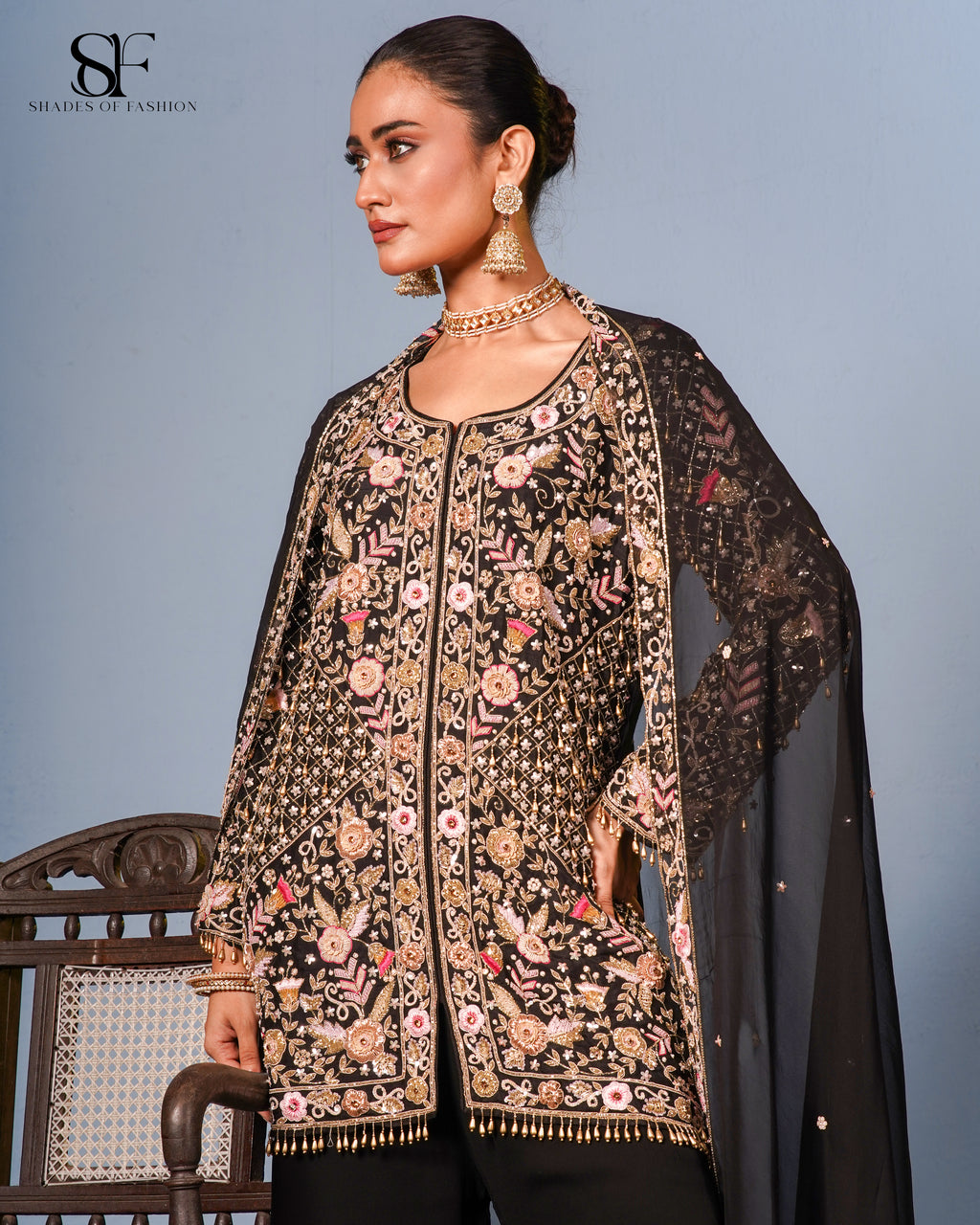Midnight Garden Embroidered Sharara Set - Luxury Black & Gold Ensemble