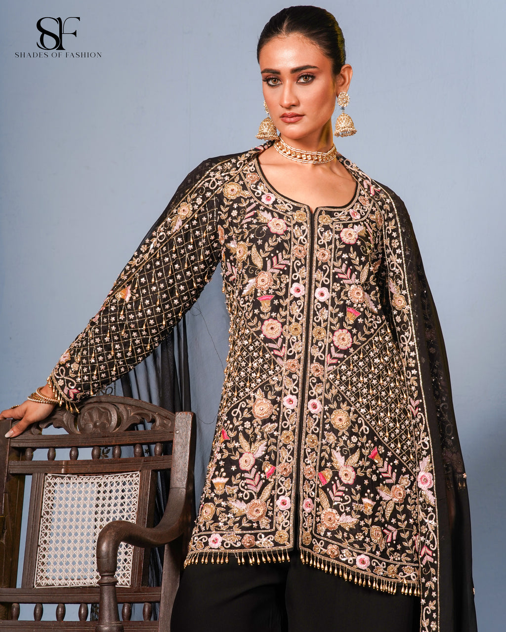 Midnight Garden Embroidered Sharara Set - Luxury Black & Gold Ensemble