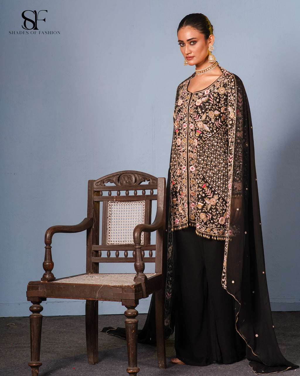 Midnight Garden Embroidered Sharara Set - Luxury Black & Gold Ensemble
