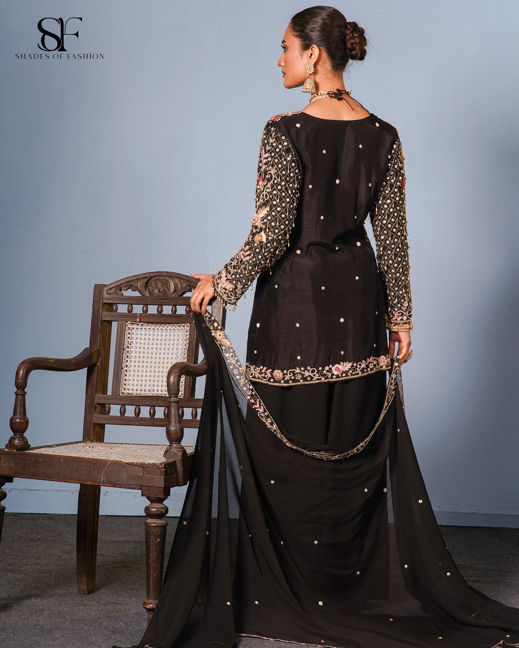 Midnight Garden Embroidered Sharara Set - Luxury Black & Gold Ensemble