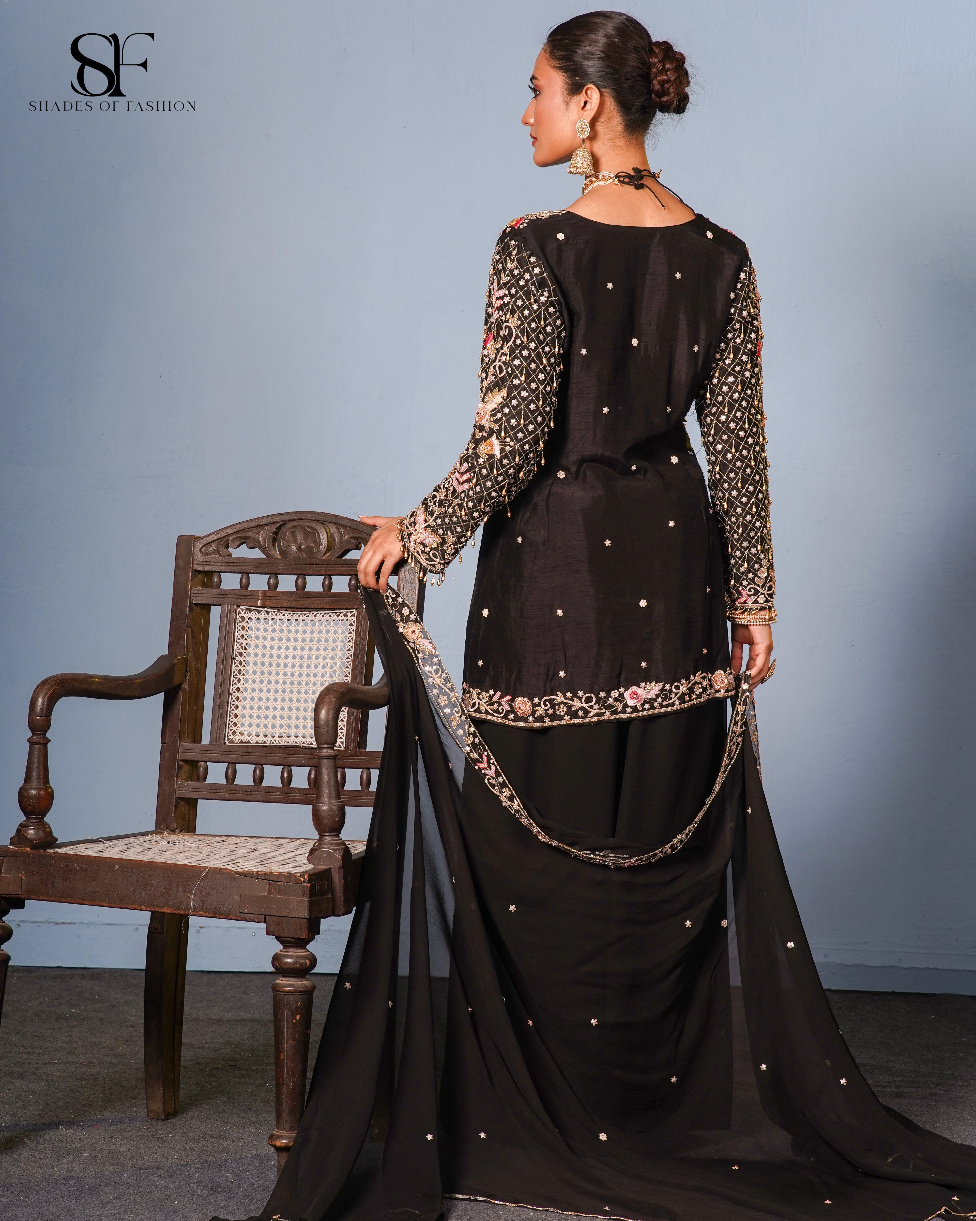 Midnight Garden Embroidered Palazzo Suit - Luxury Black & Gold Ensemble