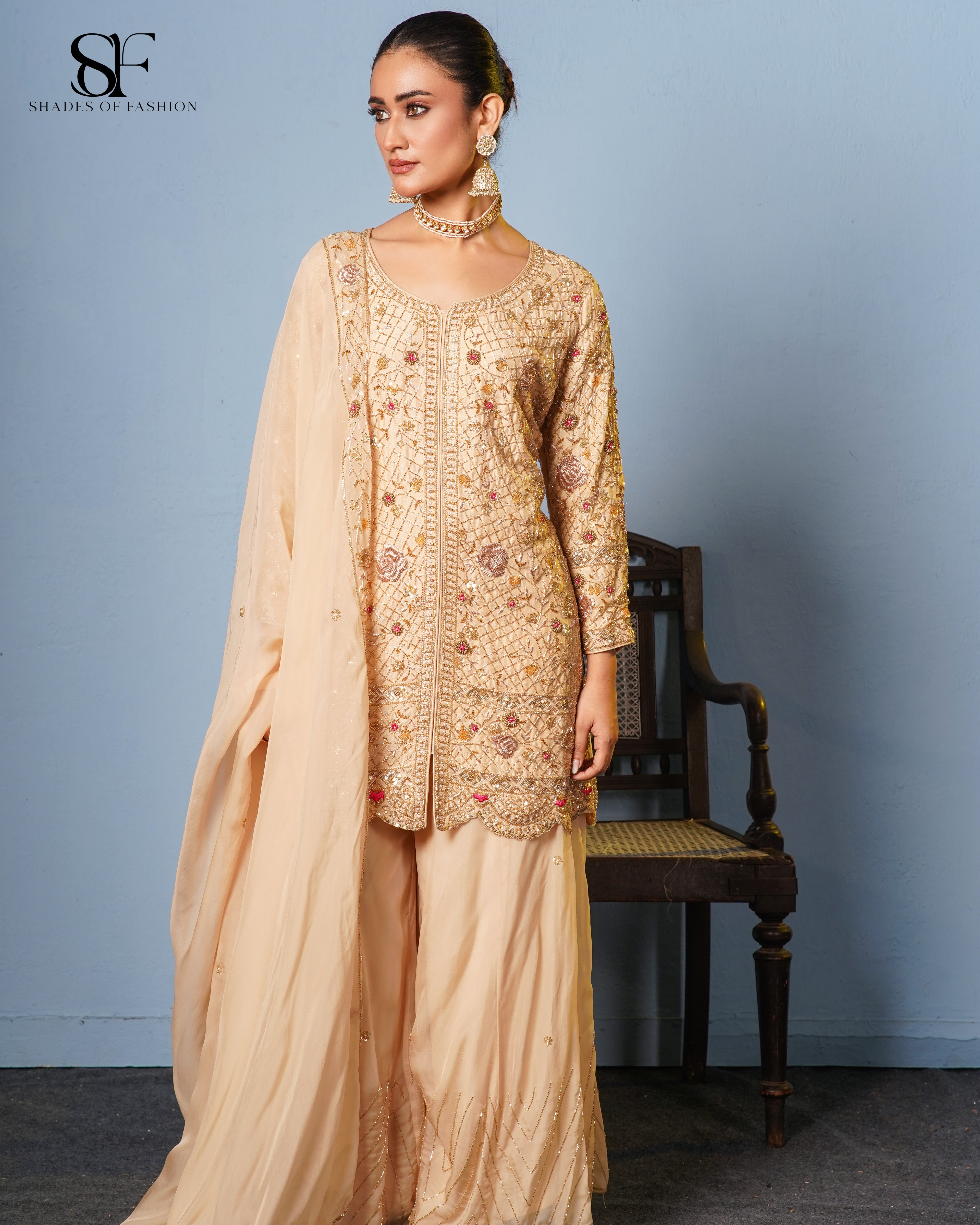 Peach Perfection Embroidered Gharara Set - Luxury Bridal Ensemble