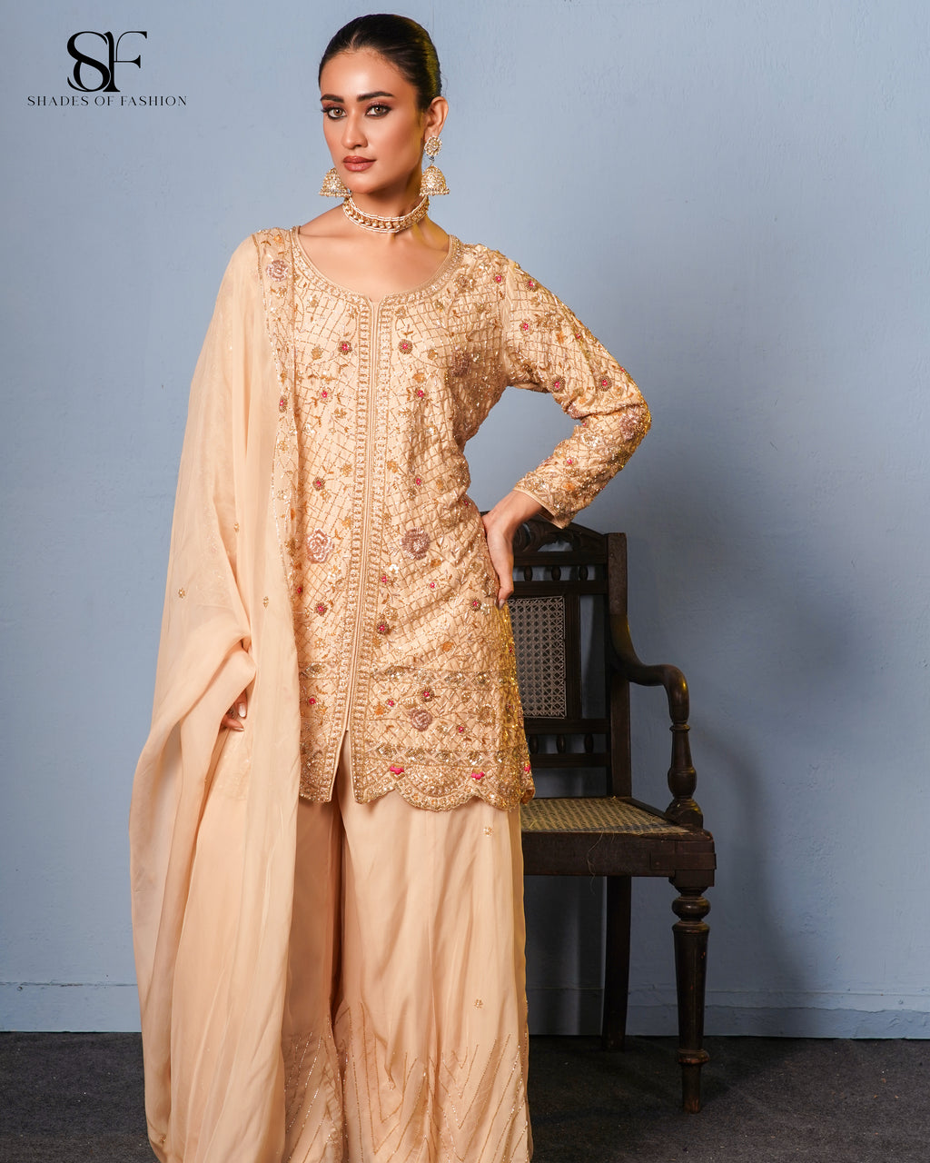 Peach Perfection Embroidered Sharara Set - Luxury Bridal Ensemble