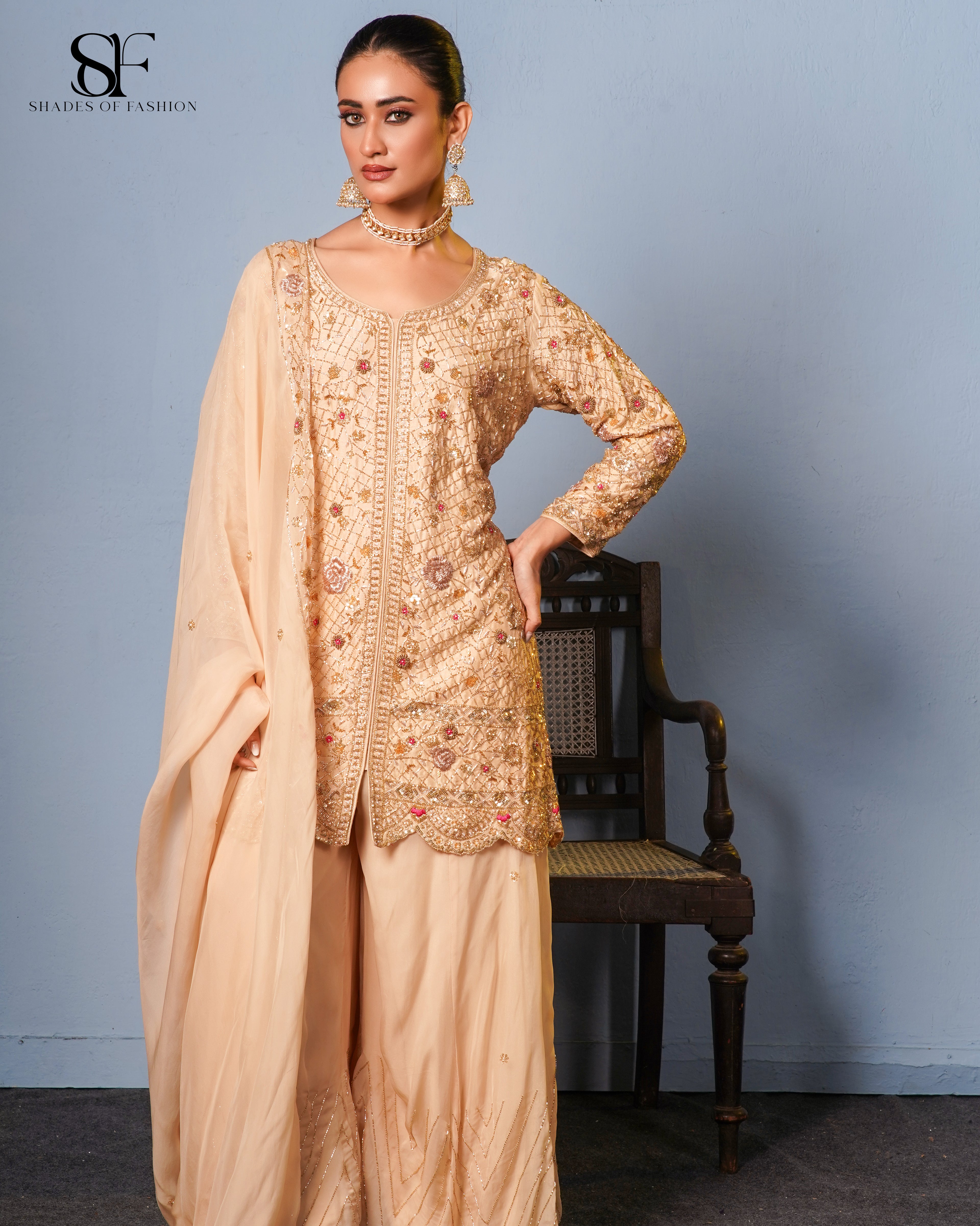 Peach Perfection Embroidered Gharara Set - Luxury Bridal Ensemble