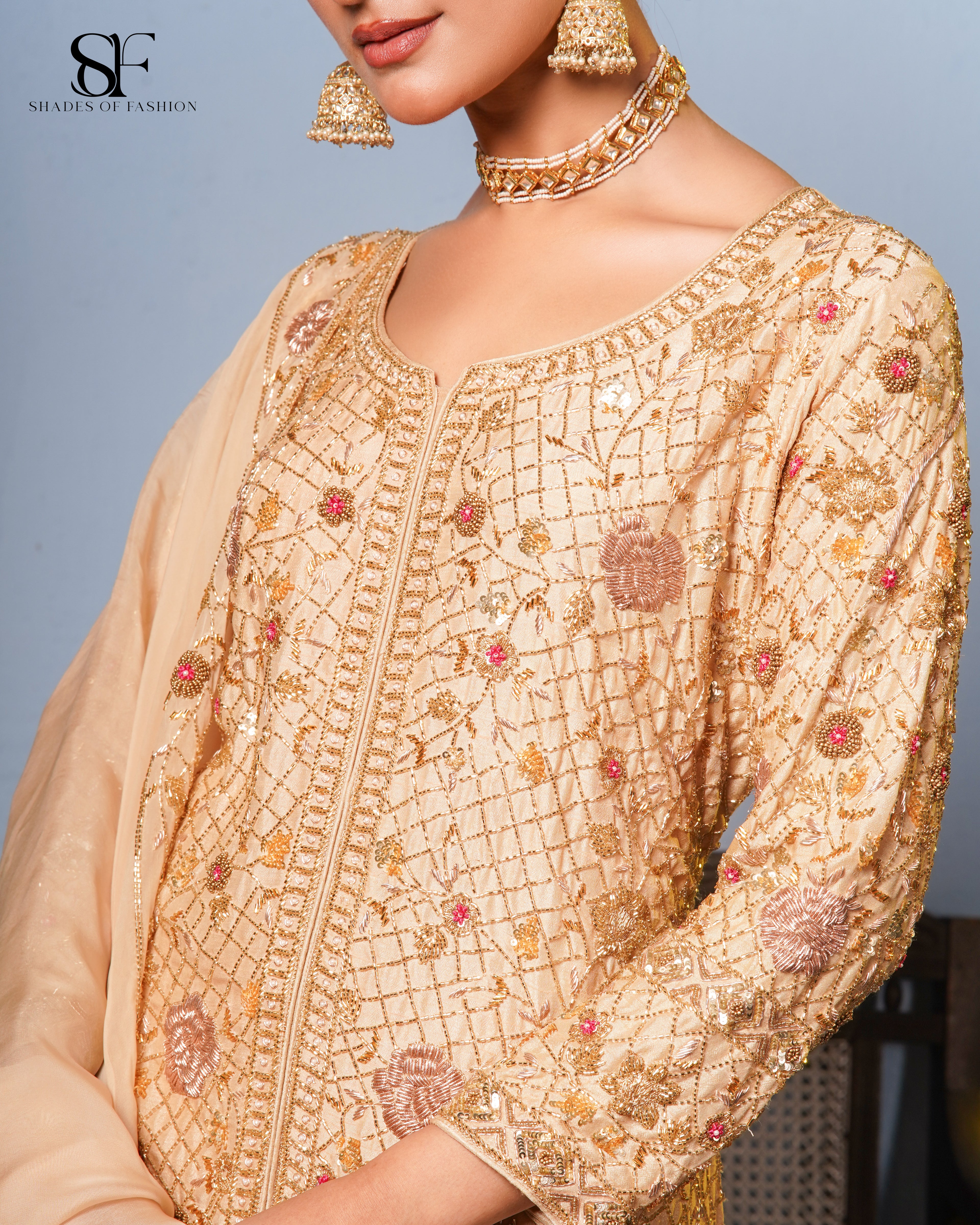 Peach Perfection Embroidered Gharara Set - Luxury Bridal Ensemble